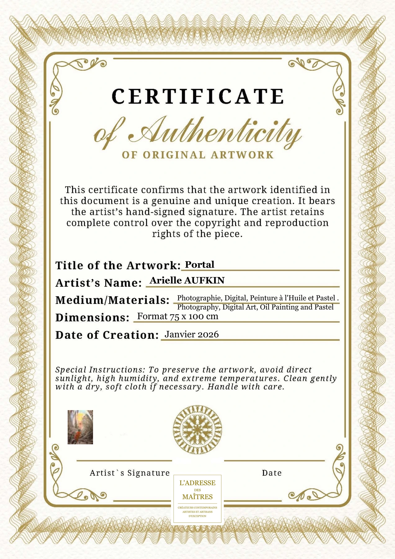 Certificat d'authenticité - Portal - Arielle AUFKIN