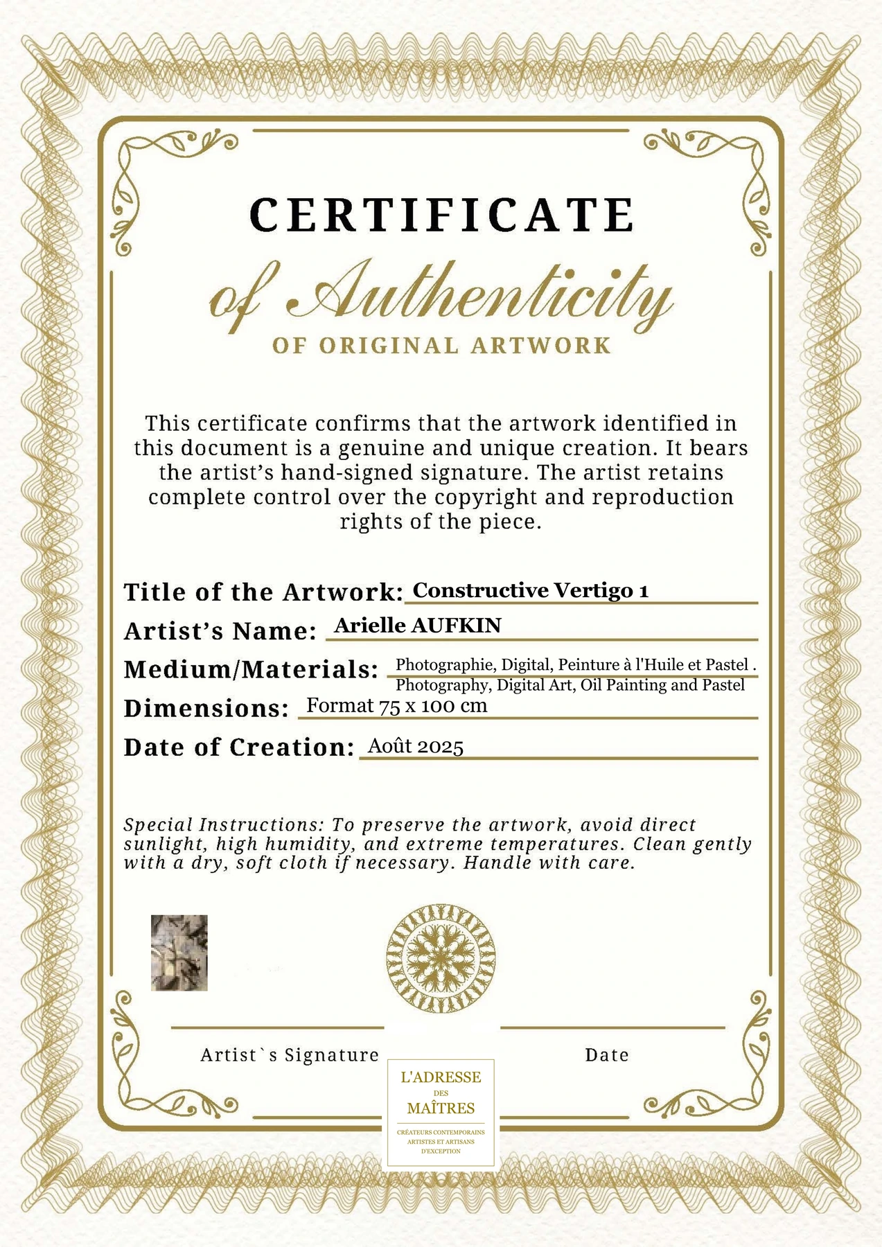 Certificat d'authenticité - Constructive Vertigo 1 - Arielle AUFKIN