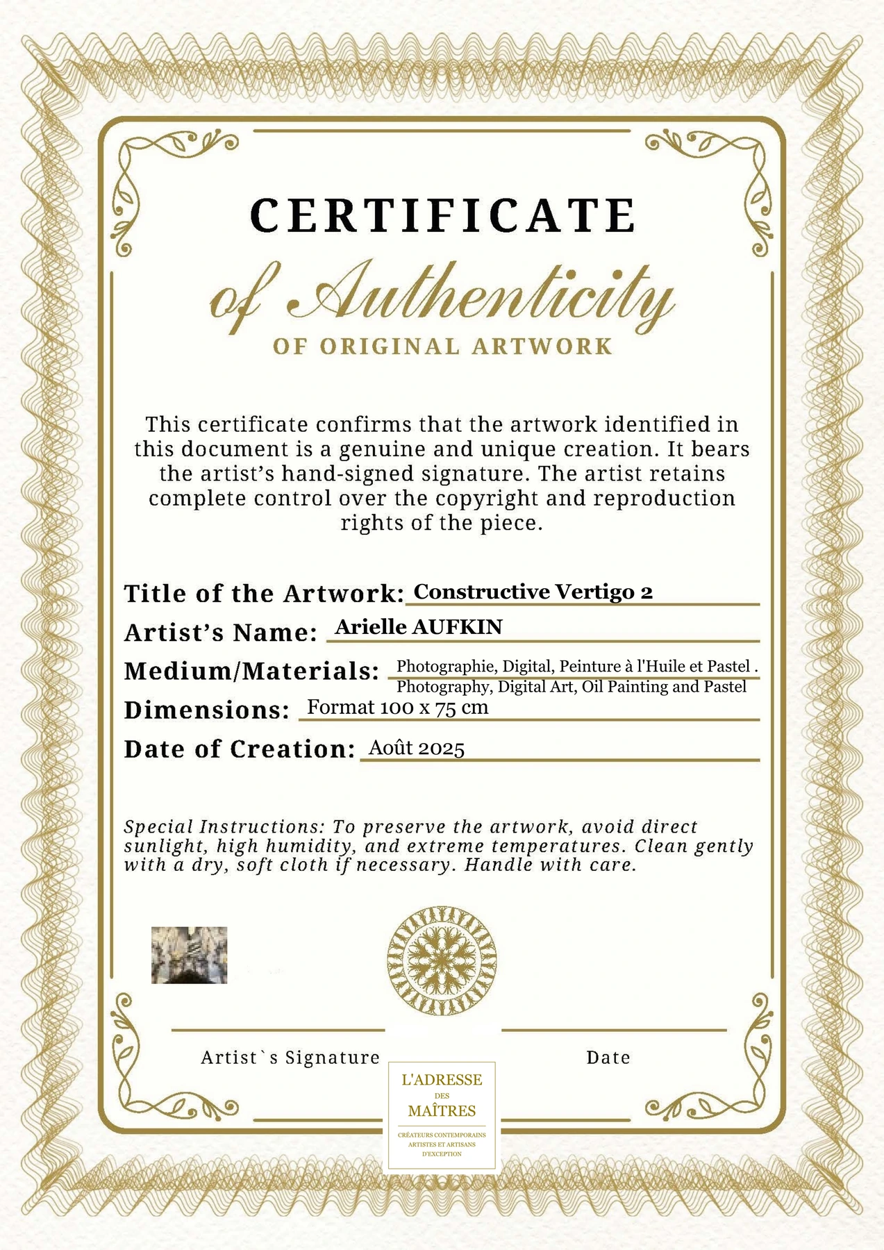 Certificat d'authenticité - Constructive Vertigo 2 - Arielle AUFKIN