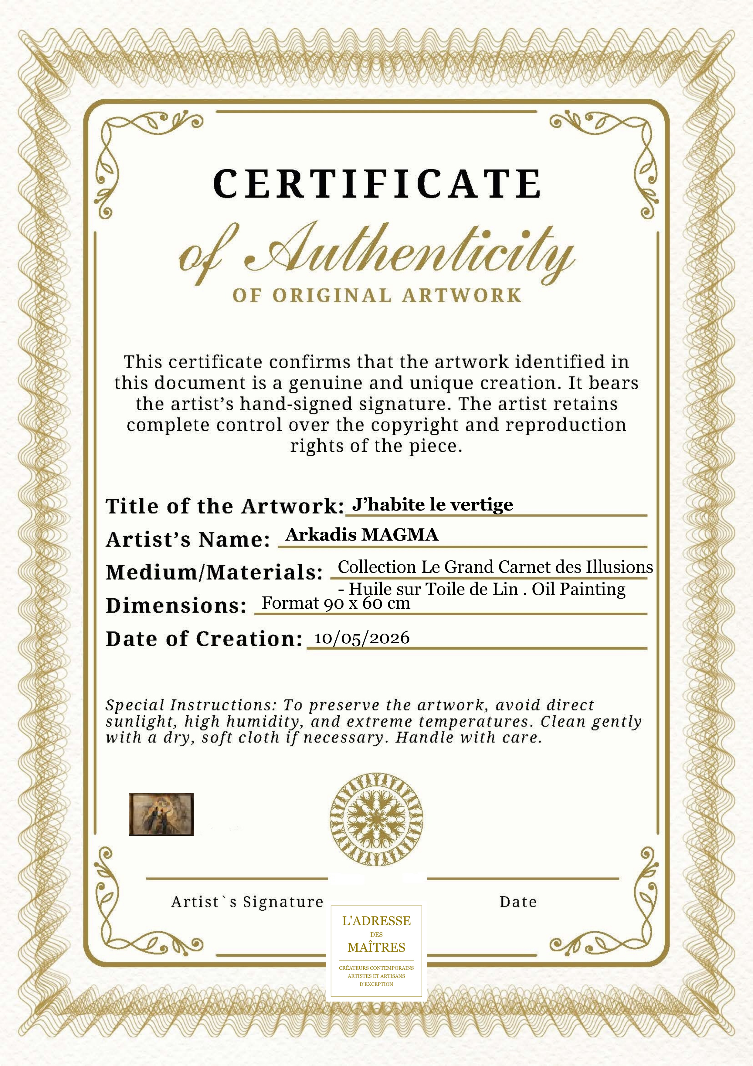 Certificat d'authenticité — J’habite le vertige — Arkadis MAGMA