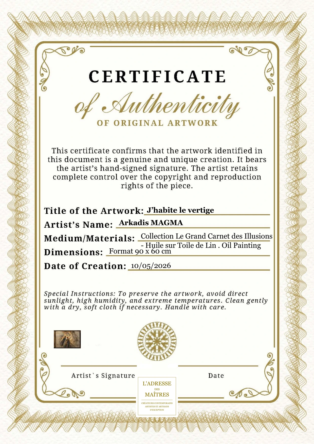 Certificat d'authenticité - J’habite le vertige - Arkadis MAGMA