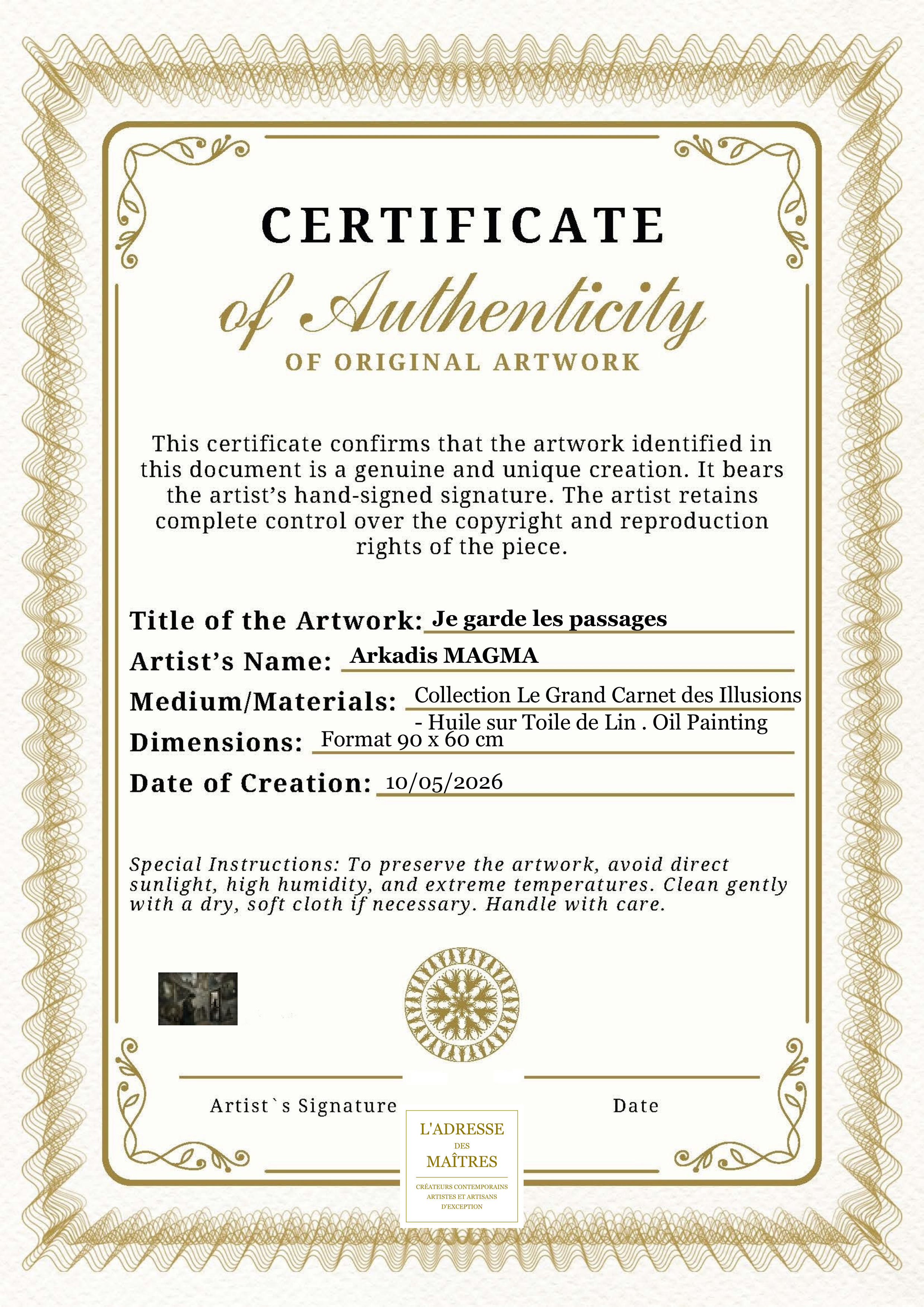 Certificat d'authenticité — Je garde les passages — Arkadis MAGMA
