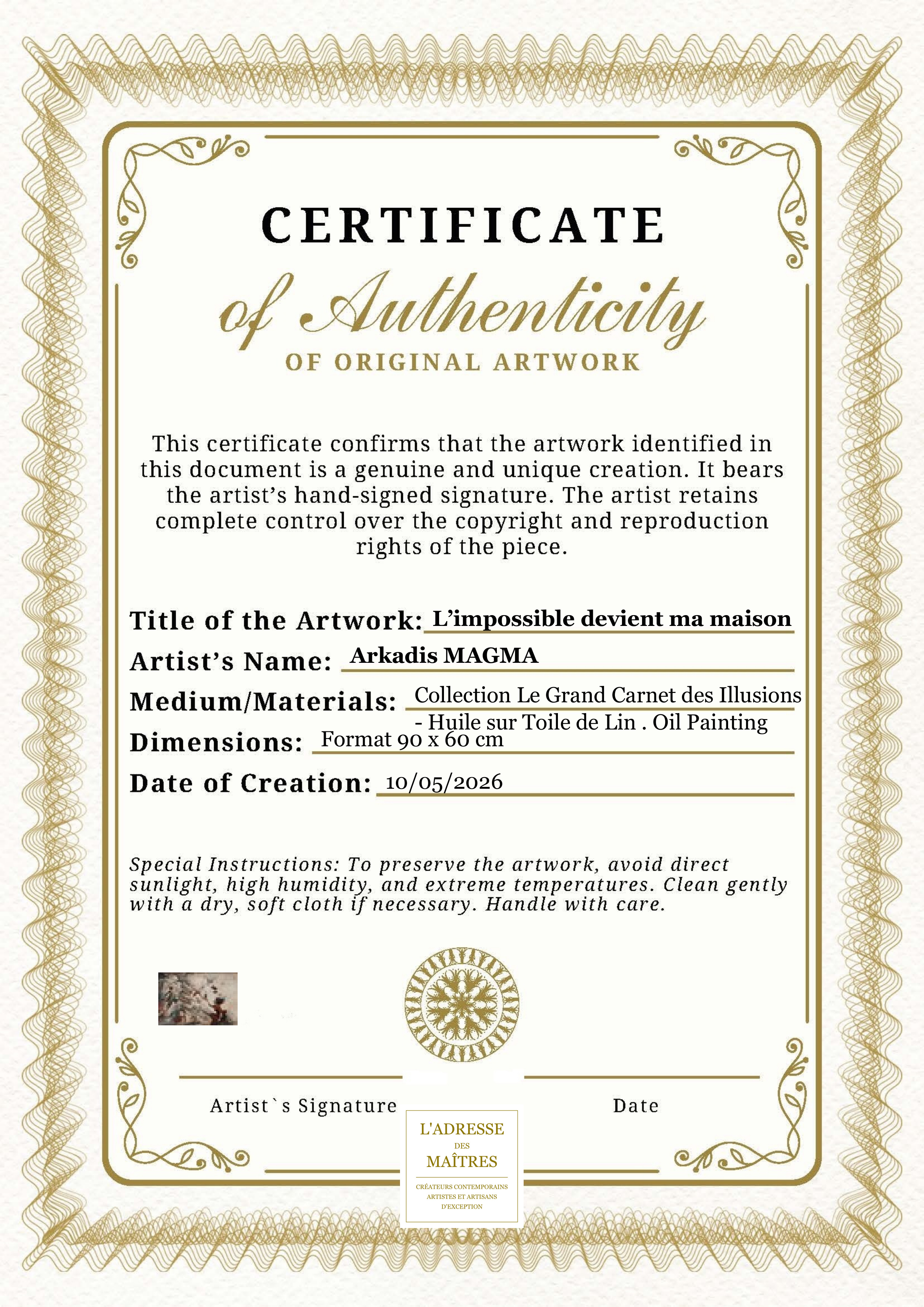 Certificat d'authenticité — L’impossible devient ma maison — Arkadis MAGMA