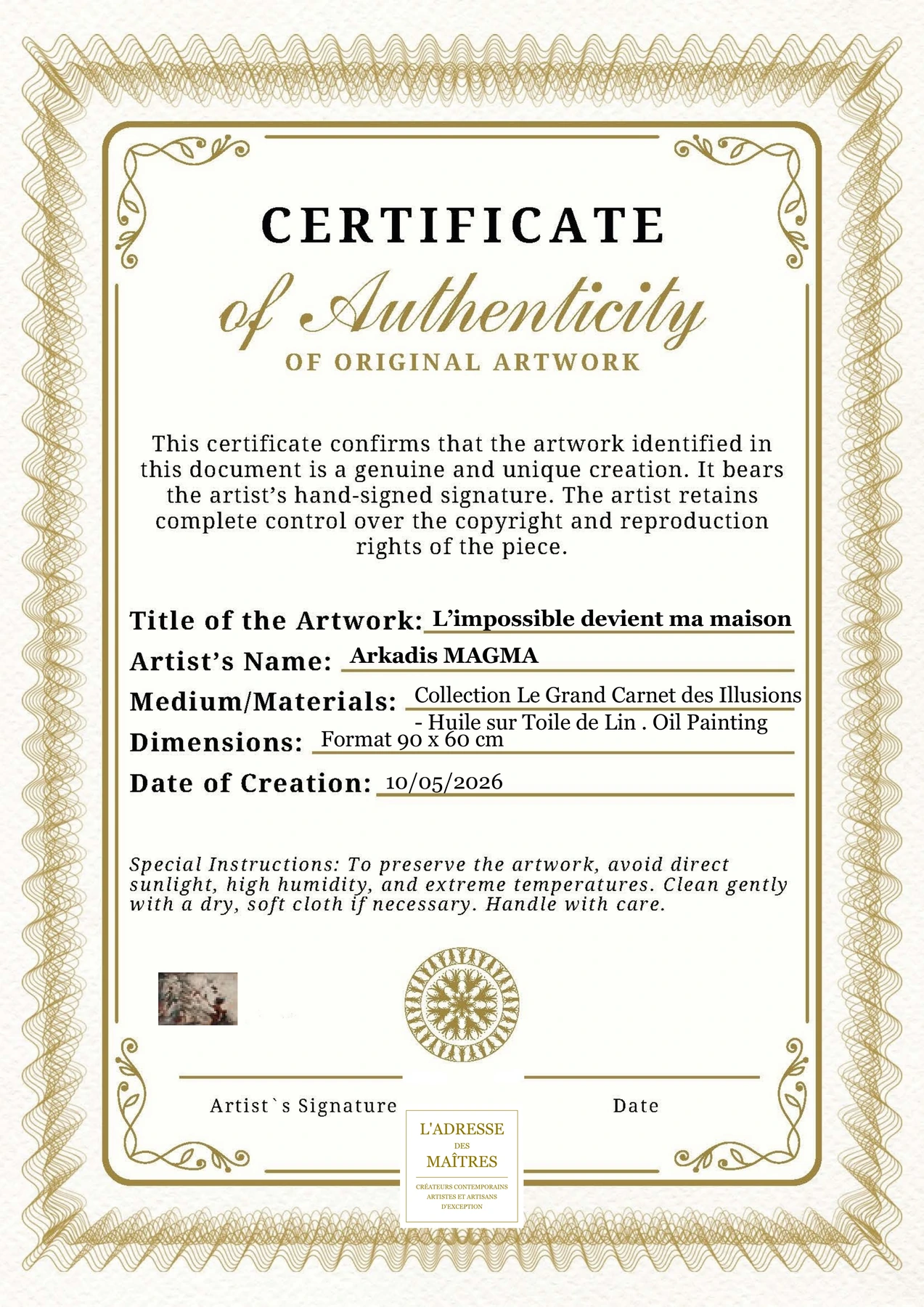 Certificat d'authenticité - L’impossible devient ma maison - Arkadis MAGMA
