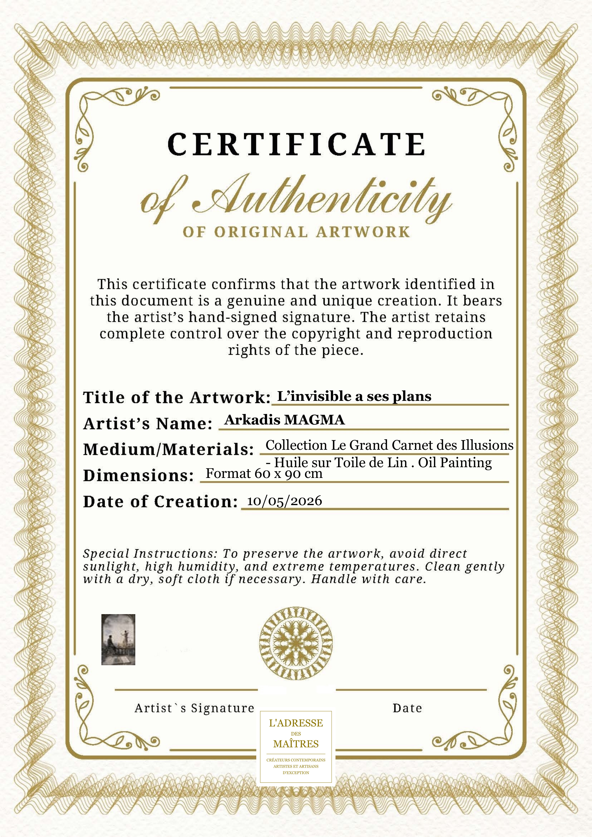 Certificat d'authenticité — L’invisible a ses plans — Arkadis MAGMA