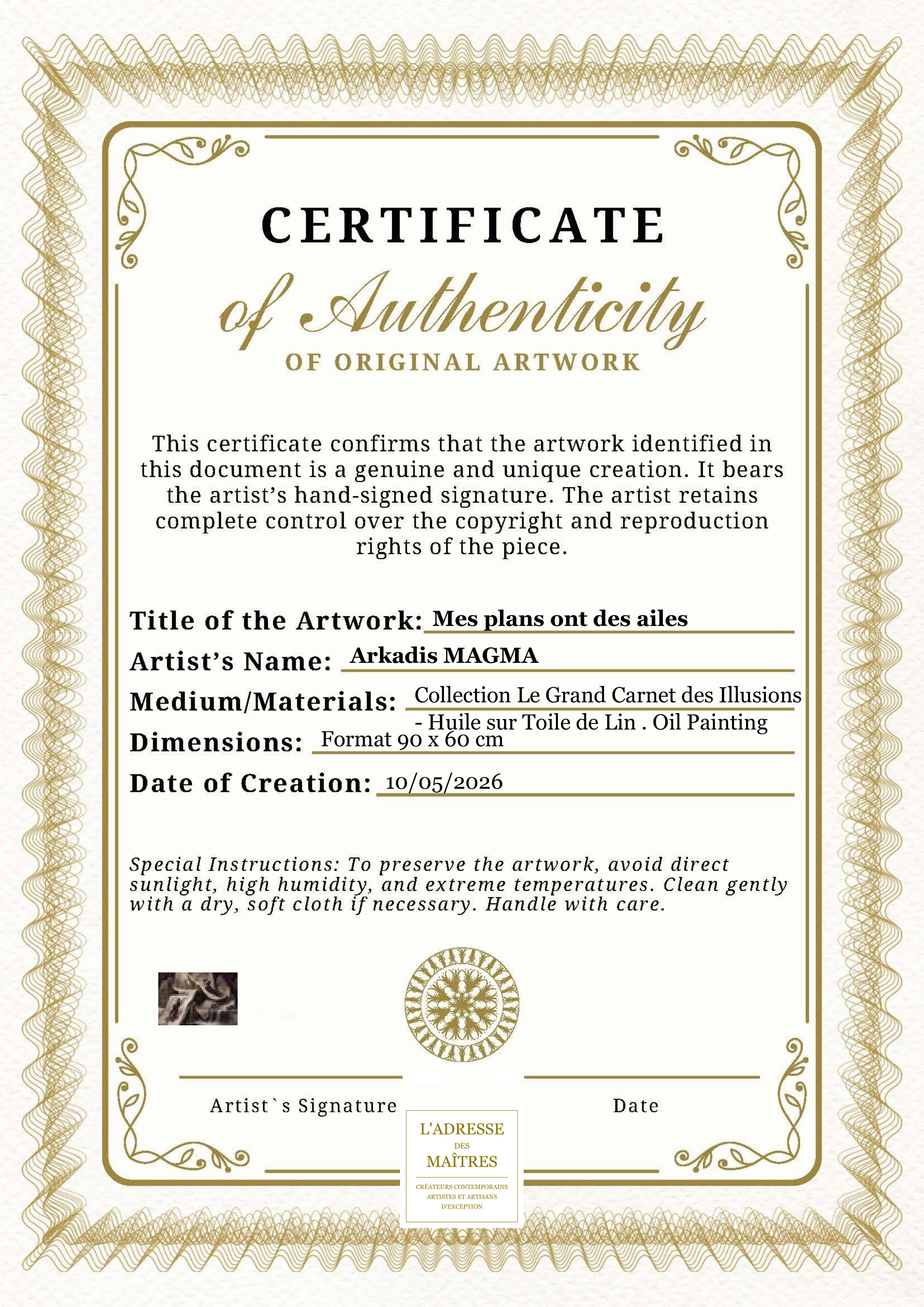 Certificat d'authenticité — Mes plans ont des ailes — Arkadis MAGMA