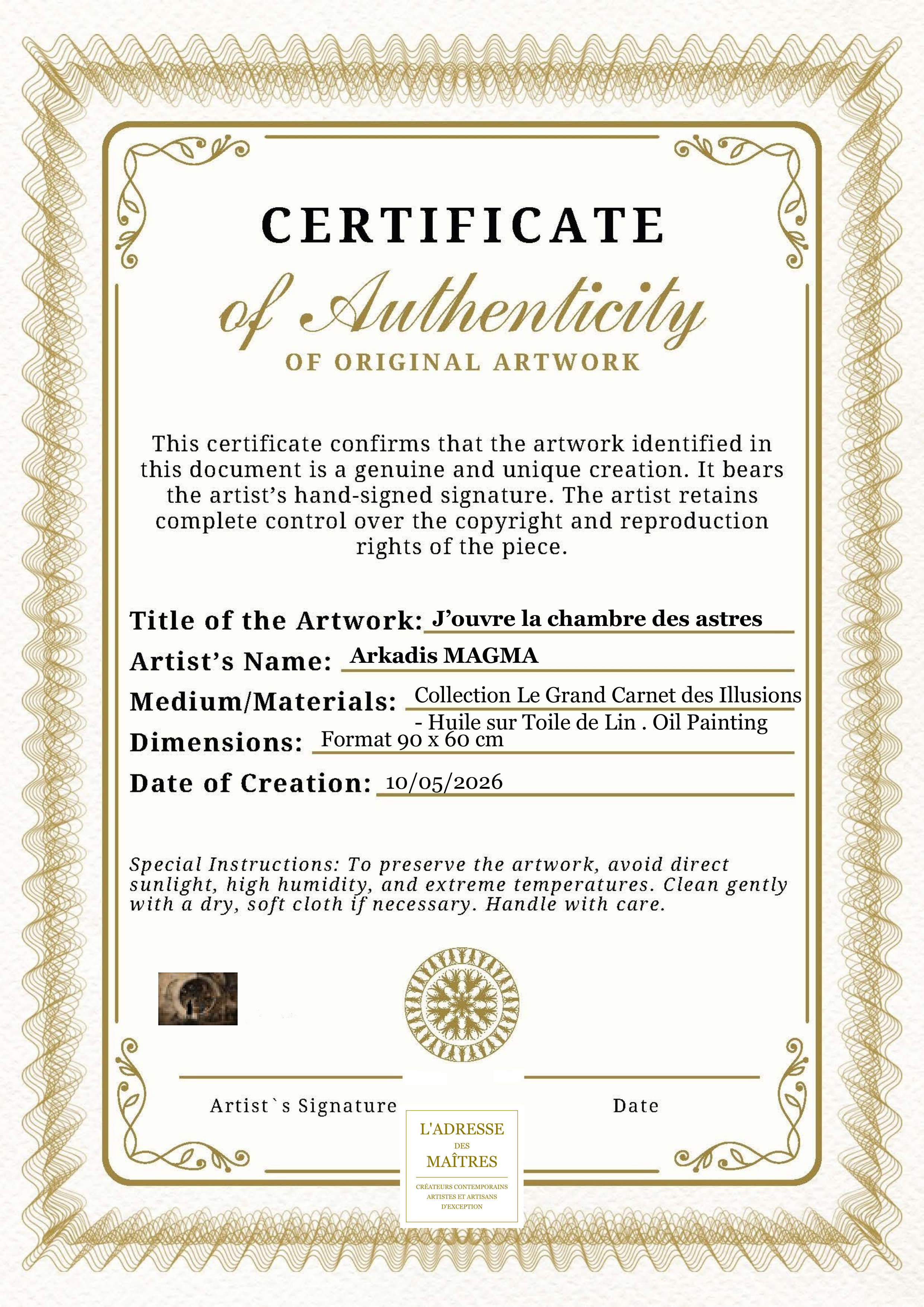 Certificat d'authenticité — J’ouvre la chambre des astres — Arkadis MAGMA