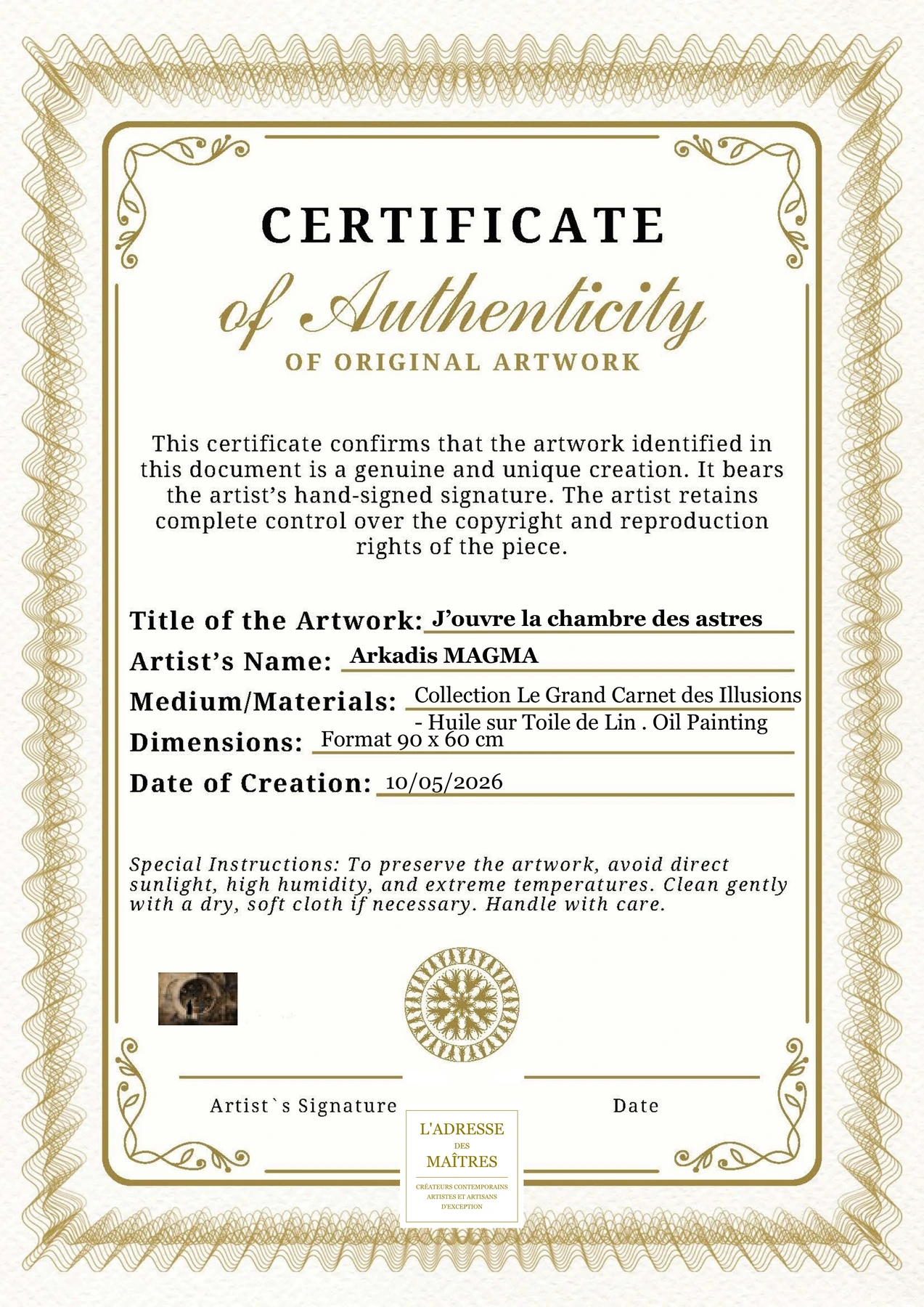 Certificat d'authenticité - J’ouvre la chambre des astres - Arkadis MAGMA
