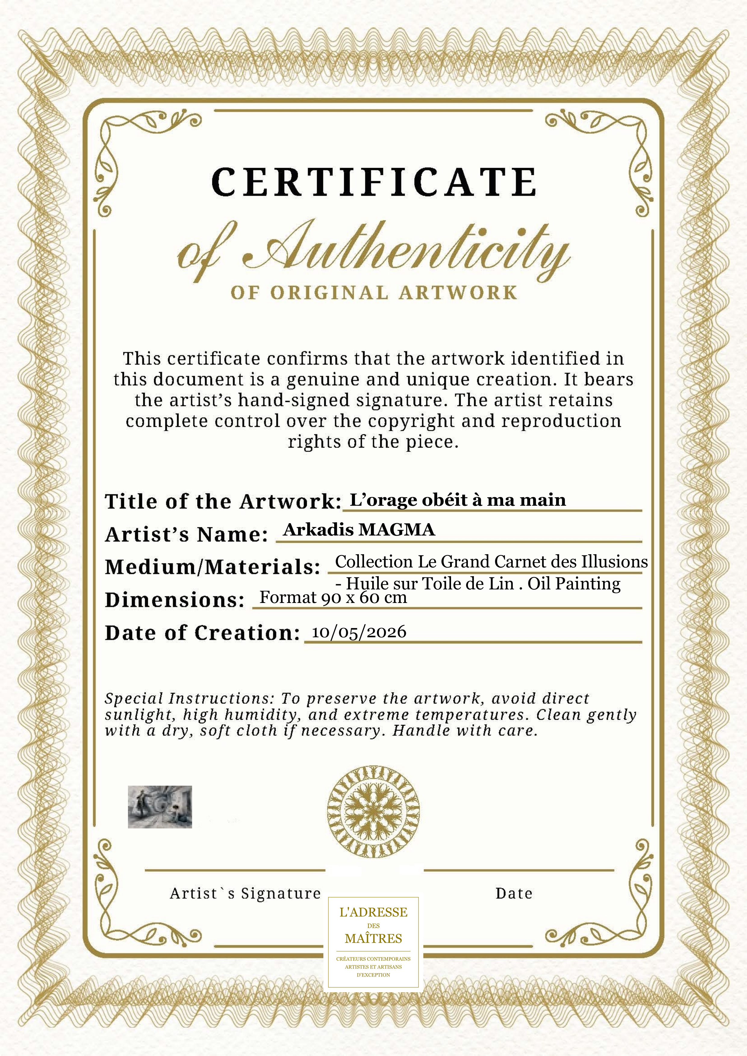 Certificat d'authenticité — L’orage obéit à ma main — Arkadis MAGMA