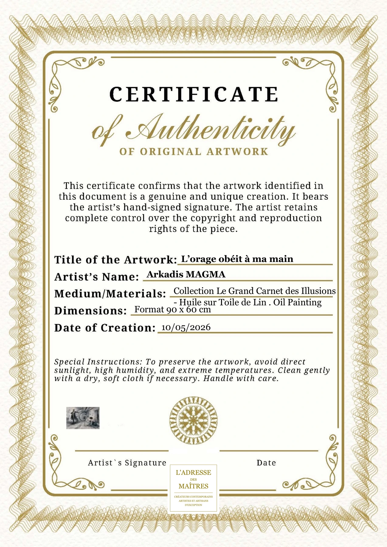 Certificat d'authenticité - L’orage obéit à ma main - Arkadis MAGMA