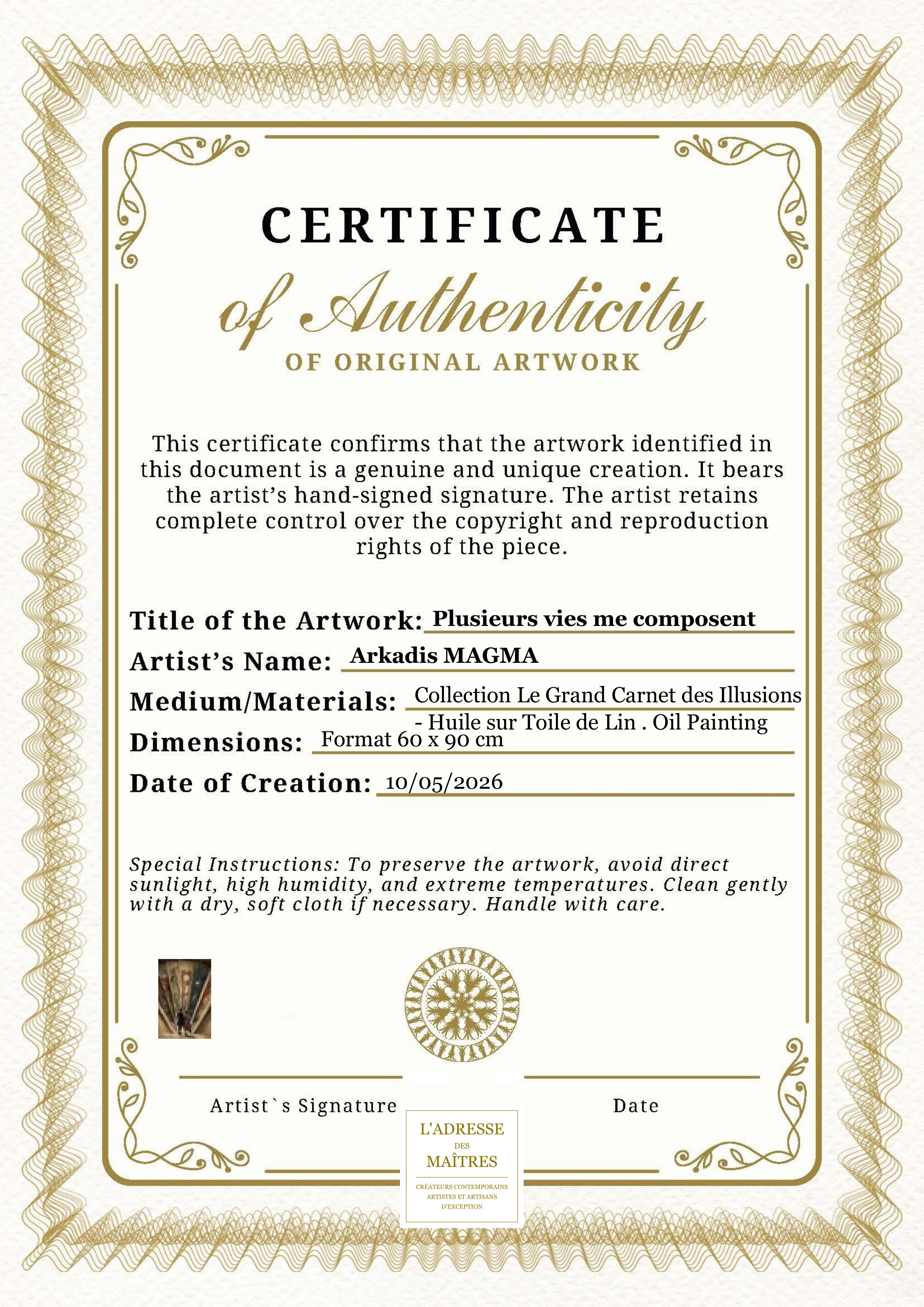 Certificat d'authenticité — Plusieurs vies me composent — Arkadis MAGMA