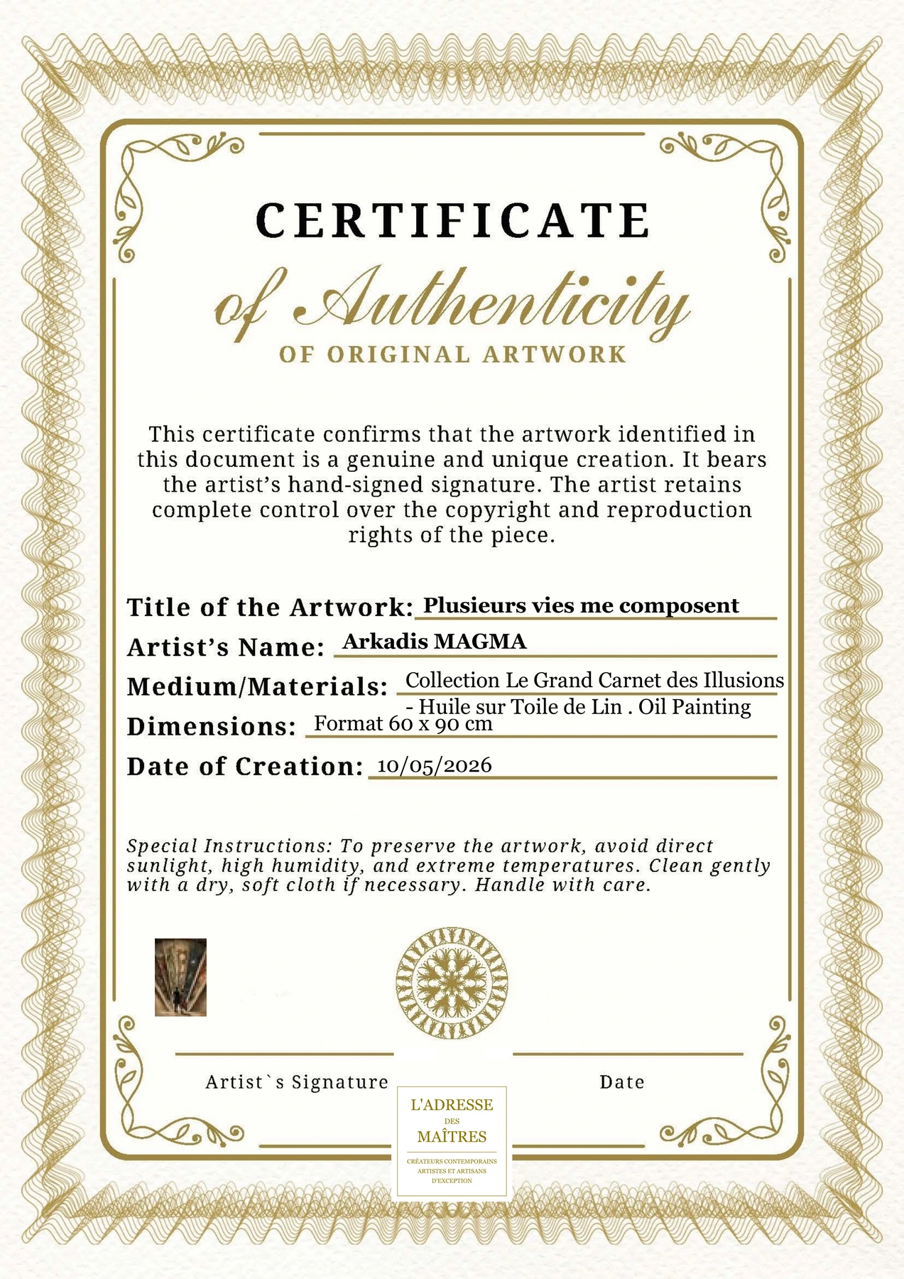 Certificat d'authenticité - Plusieurs vies me composent - Arkadis MAGMA