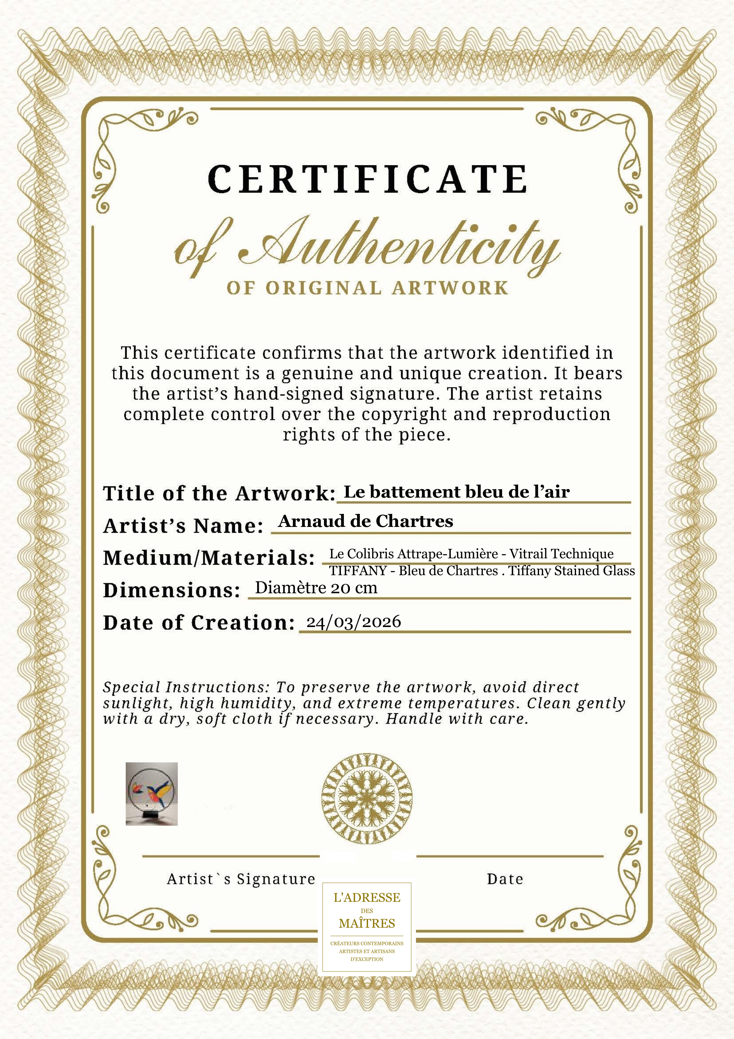 Certificat d'authenticité — Le battement bleu de l’air — Arnaud de Chartres
