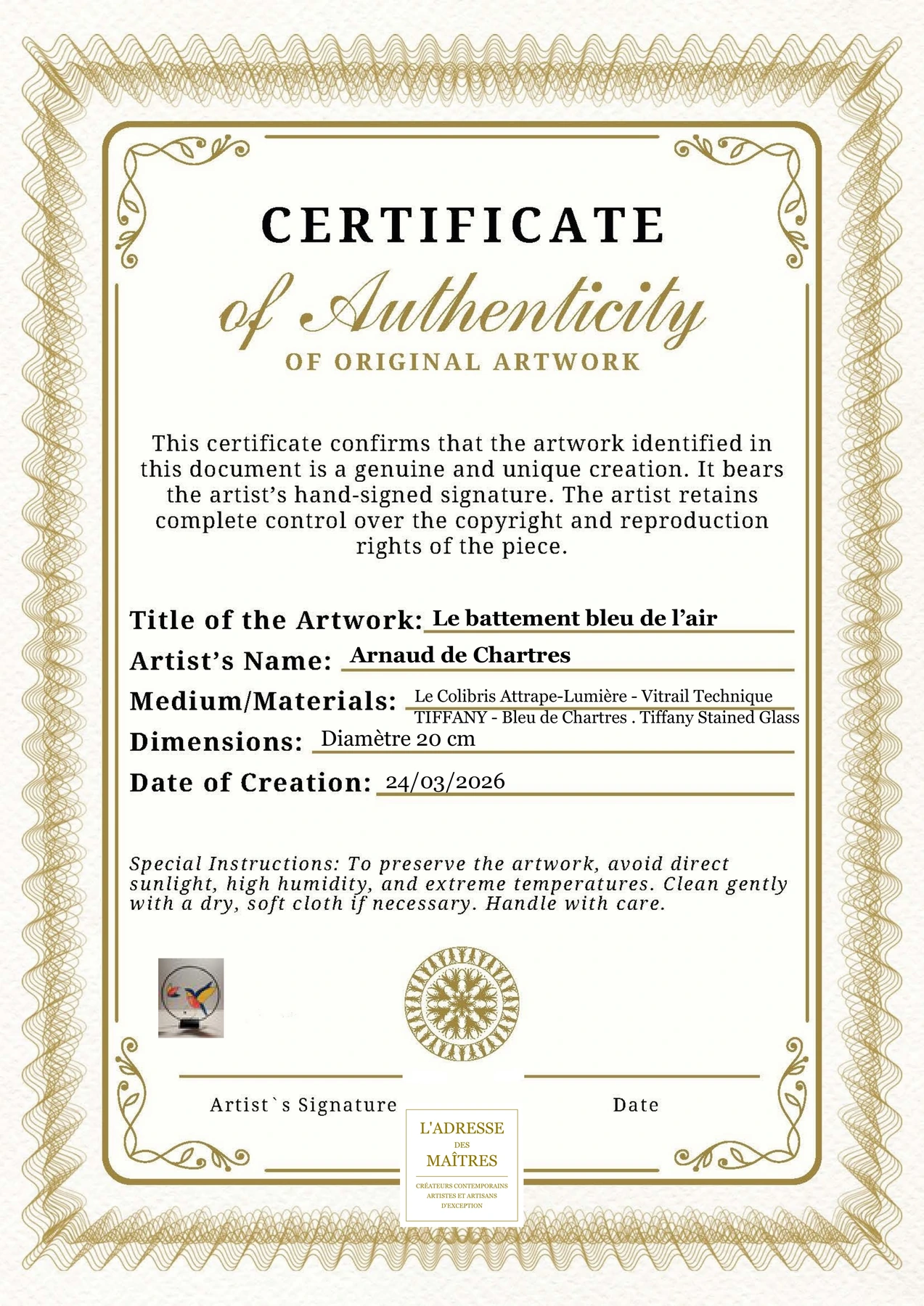 Certificat d'authenticité - Le battement bleu de l’air - Arnaud de Chartres