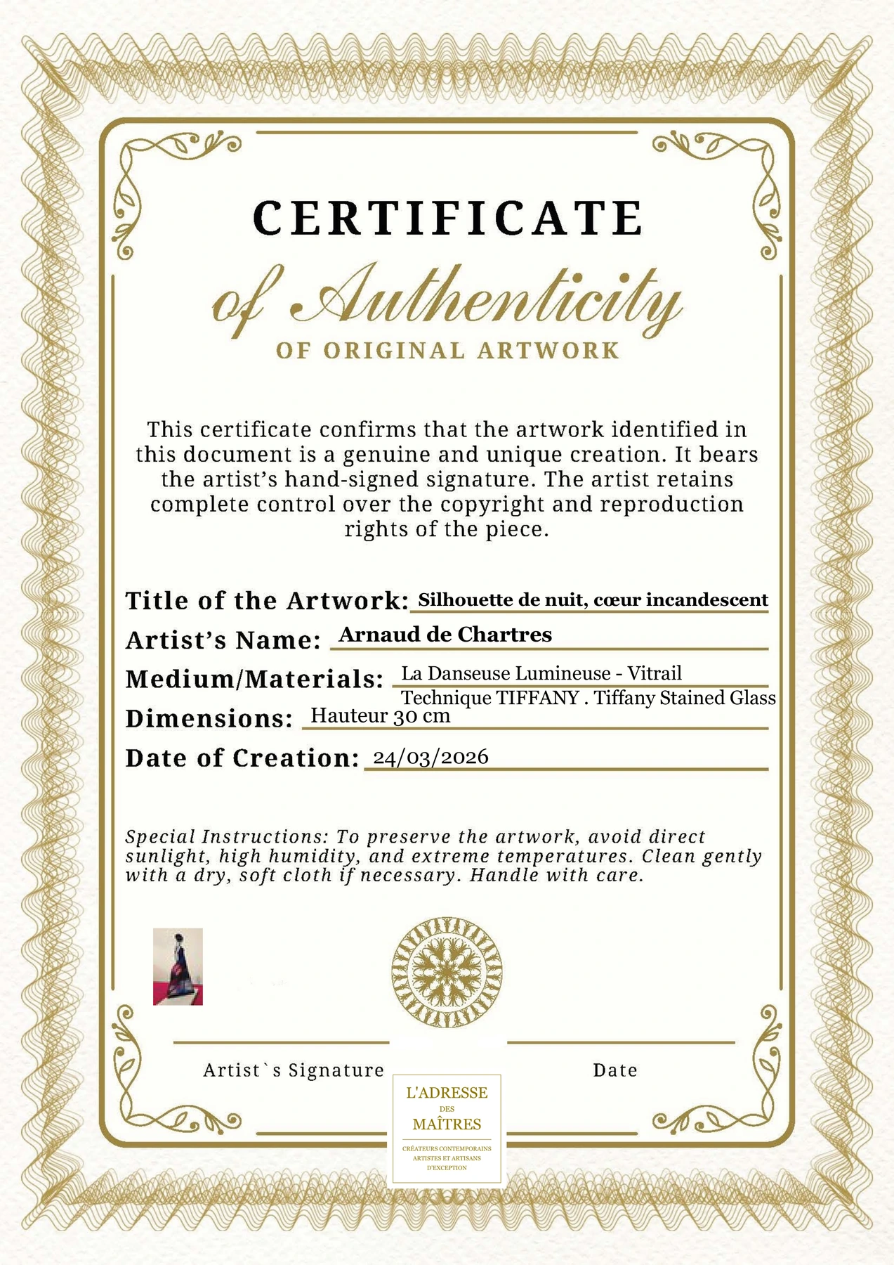 Certificat d'authenticité - Silhouette de nuit, cœur incandescent - Arnaud de Chartres