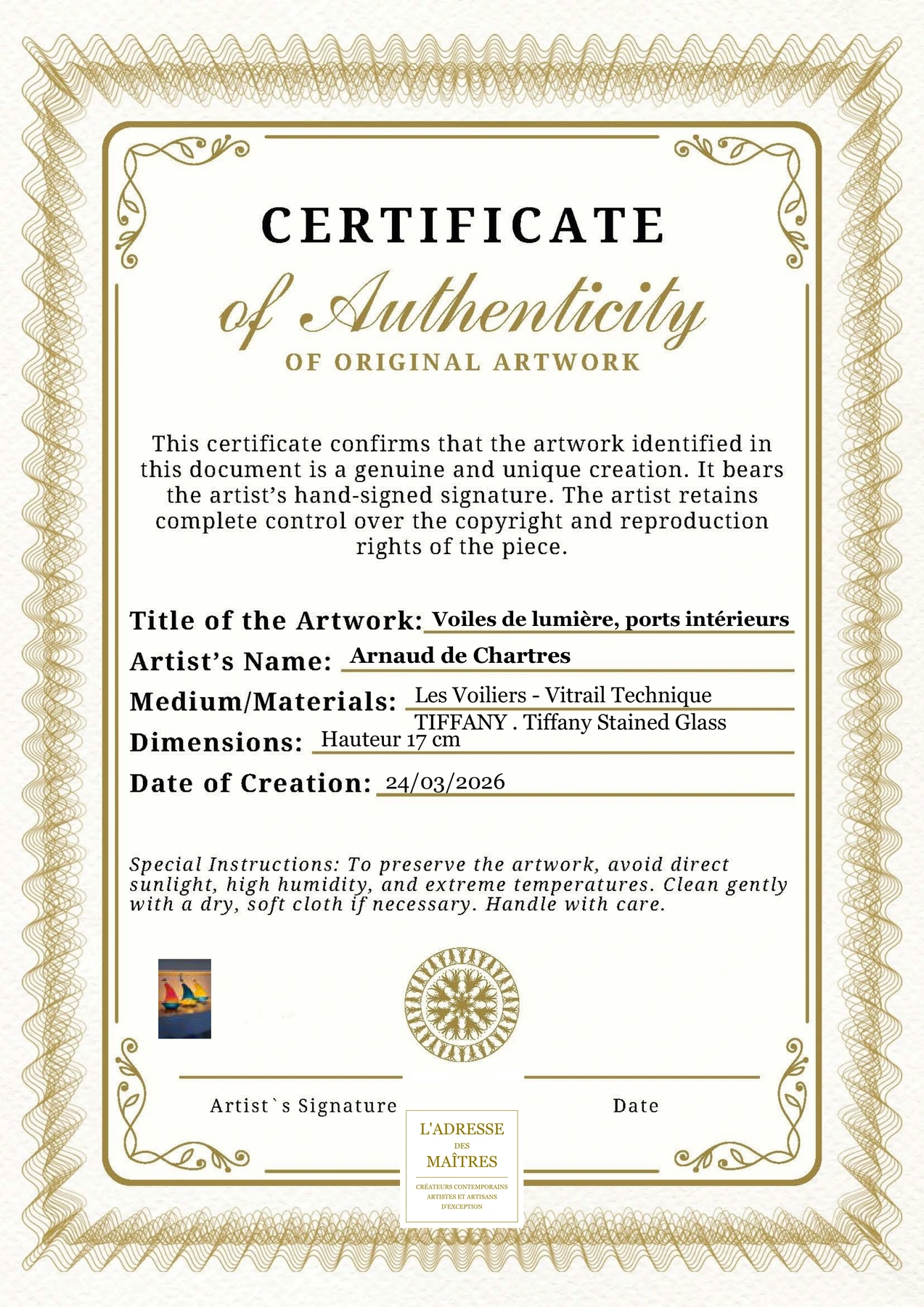 Certificat d'authenticité - Voiles de lumière, ports intérieurs - Arnaud de Chartres