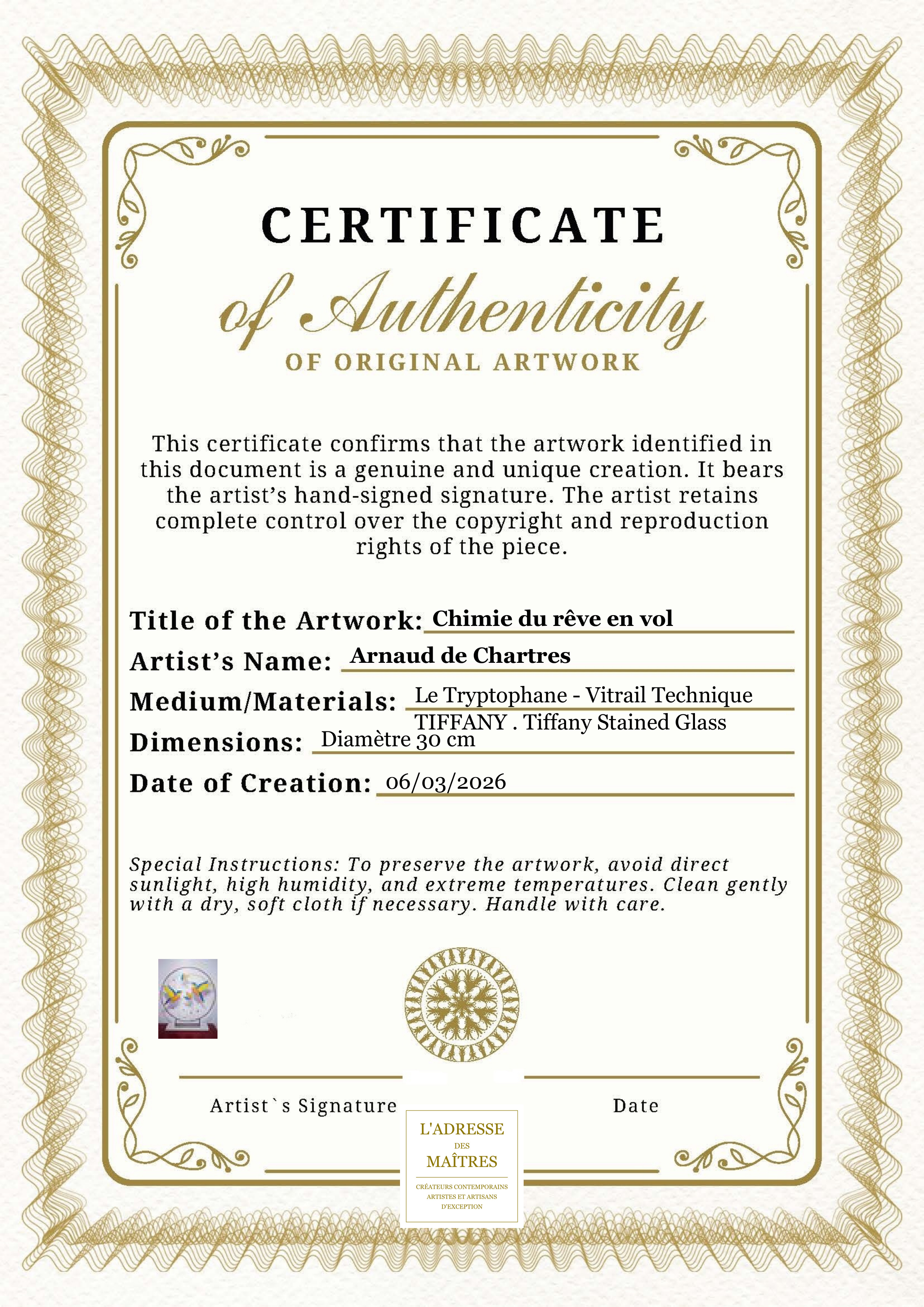 Certificat d'authenticité — Chimie du rêve en vol — Arnaud de Chartres