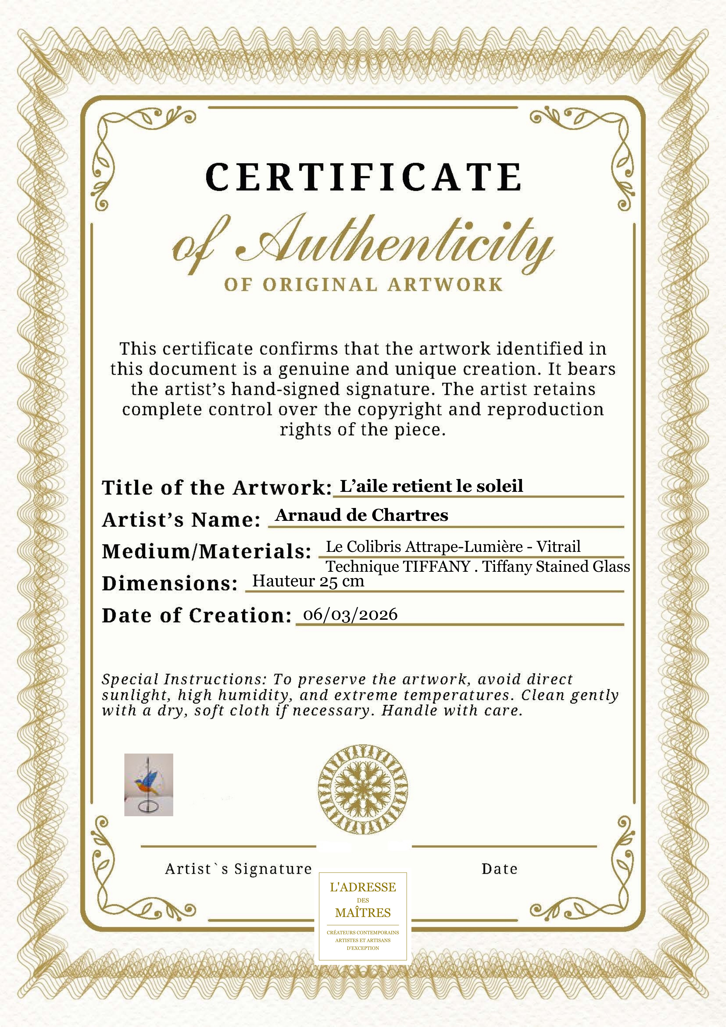 Certificat d'authenticité — L’aile retient le soleil — Arnaud de Chartres