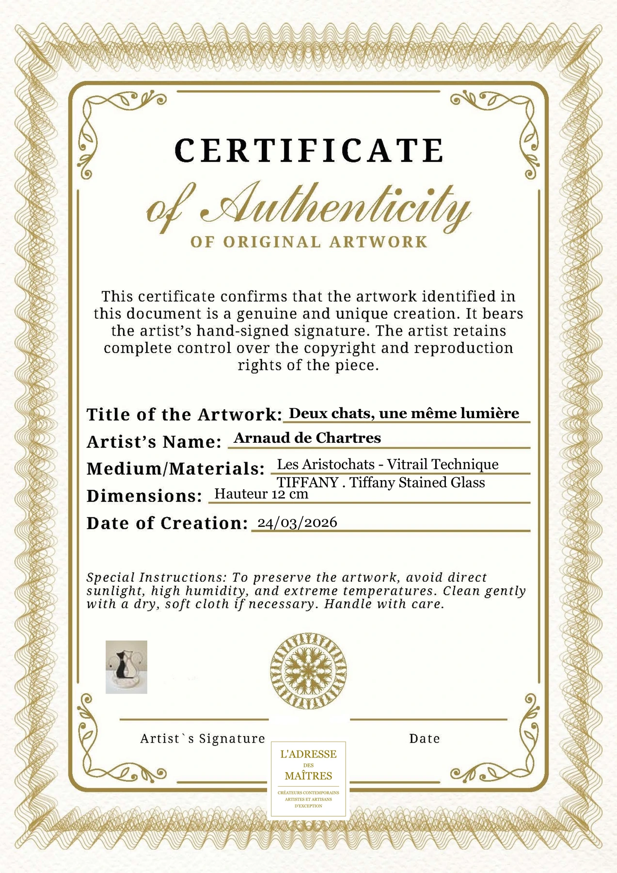 Certificat d'authenticité - Deux chats, une même lumière - Arnaud de Chartres
