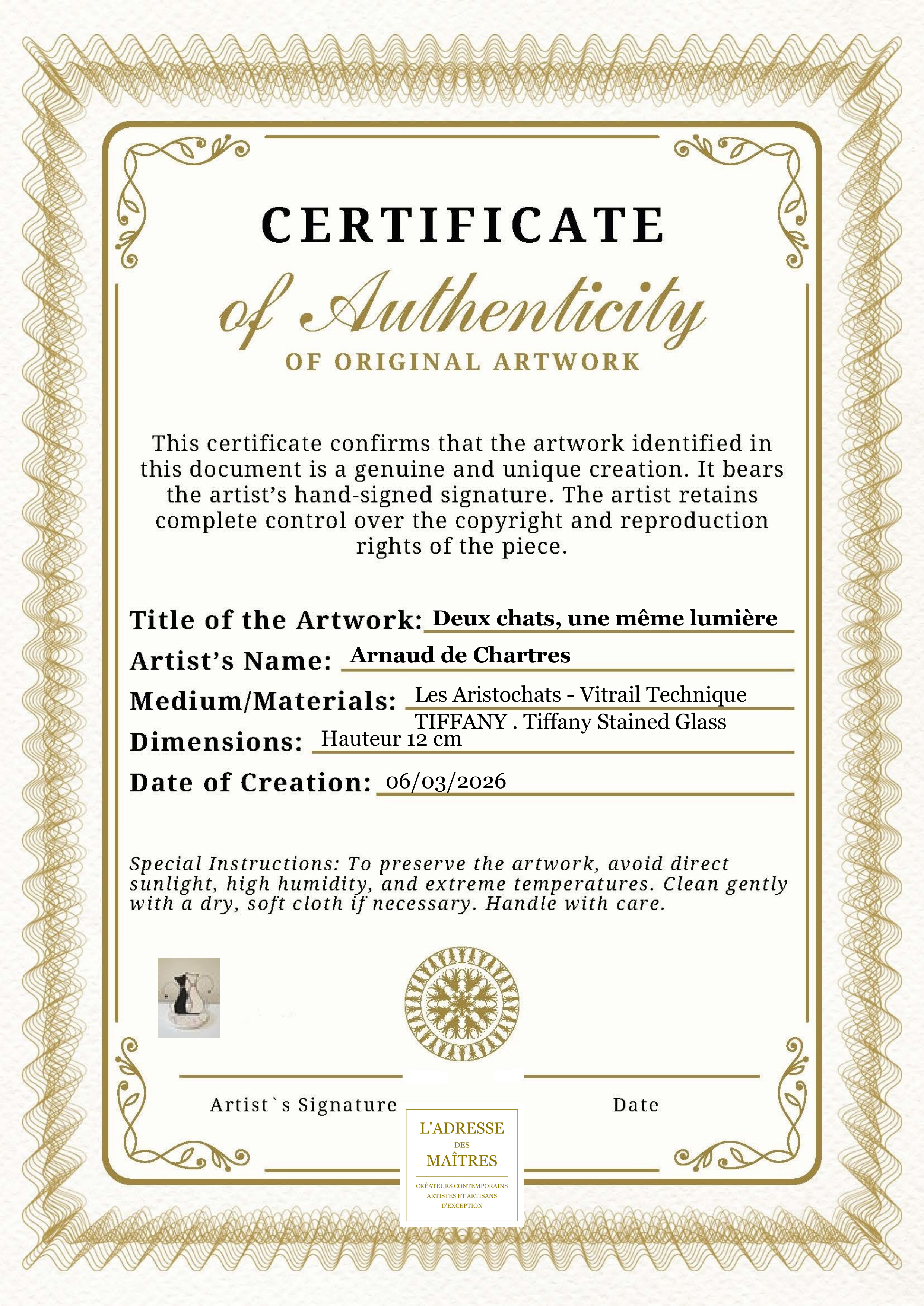 Certificat d'authenticité — Deux chats, une même lumière — Arnaud de Chartres