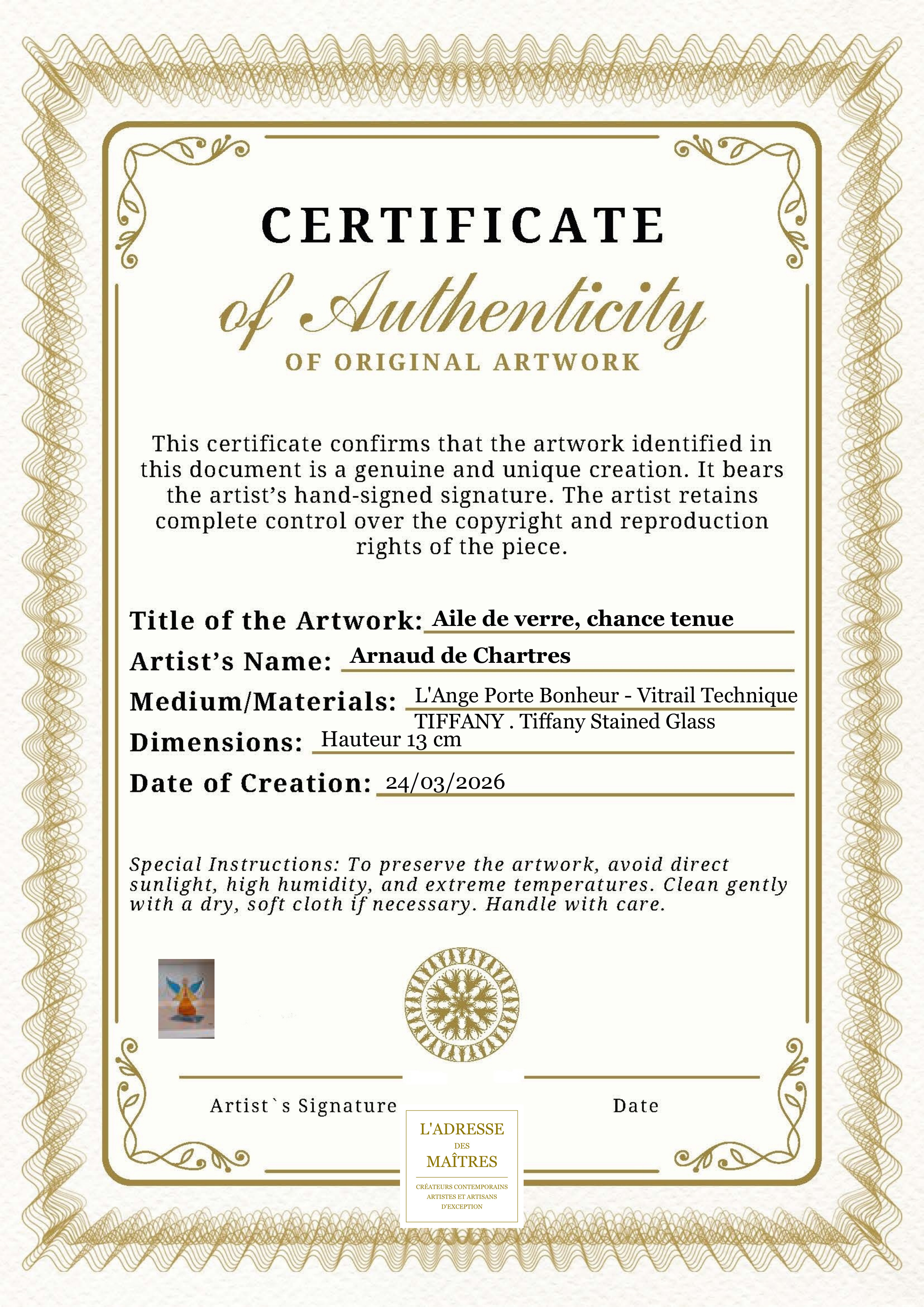 Certificat d'authenticité — Aile de verre, chance tenue — Arnaud de Chartres