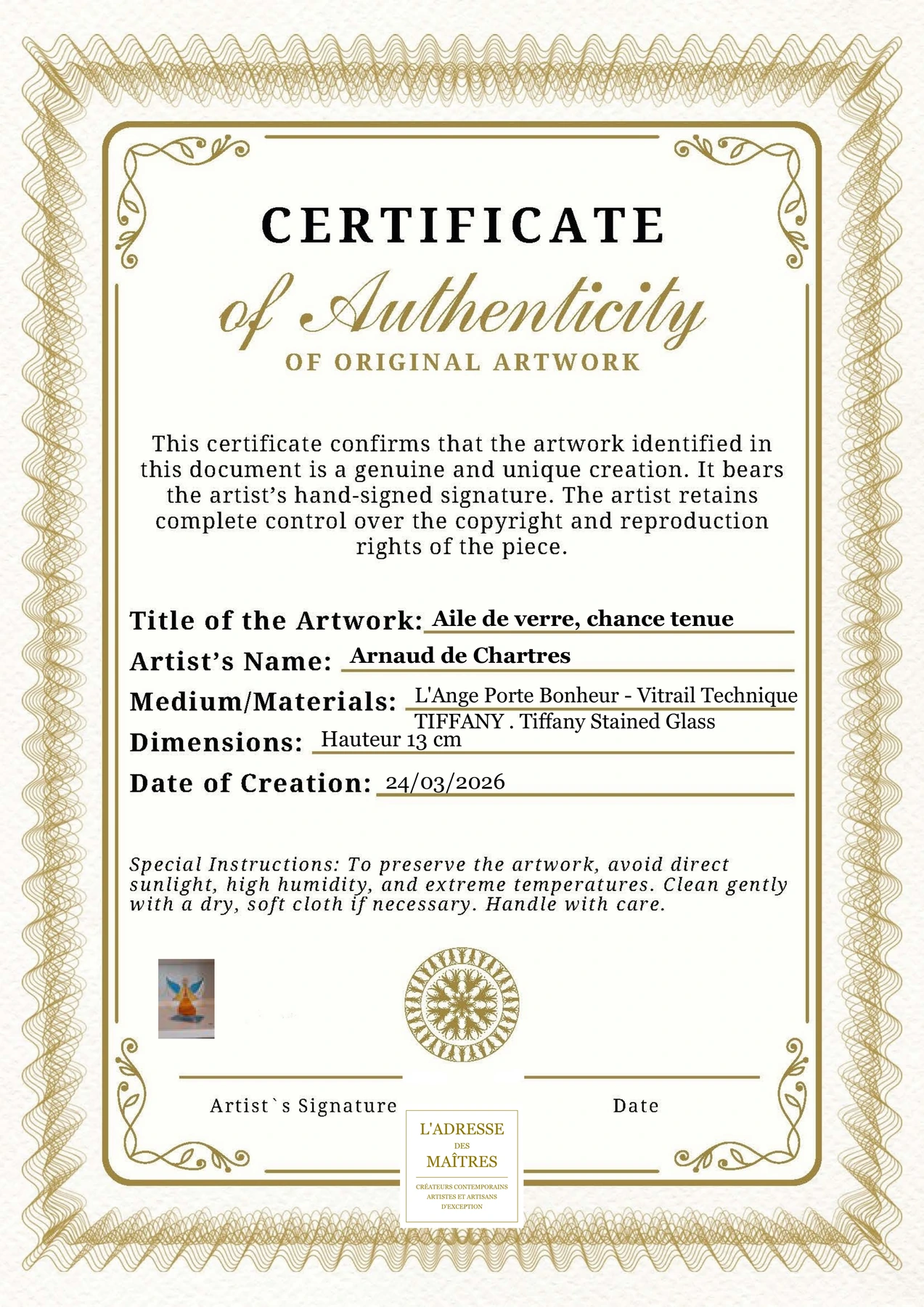 Certificat d'authenticité - Aile de verre, chance tenue - Arnaud de Chartres