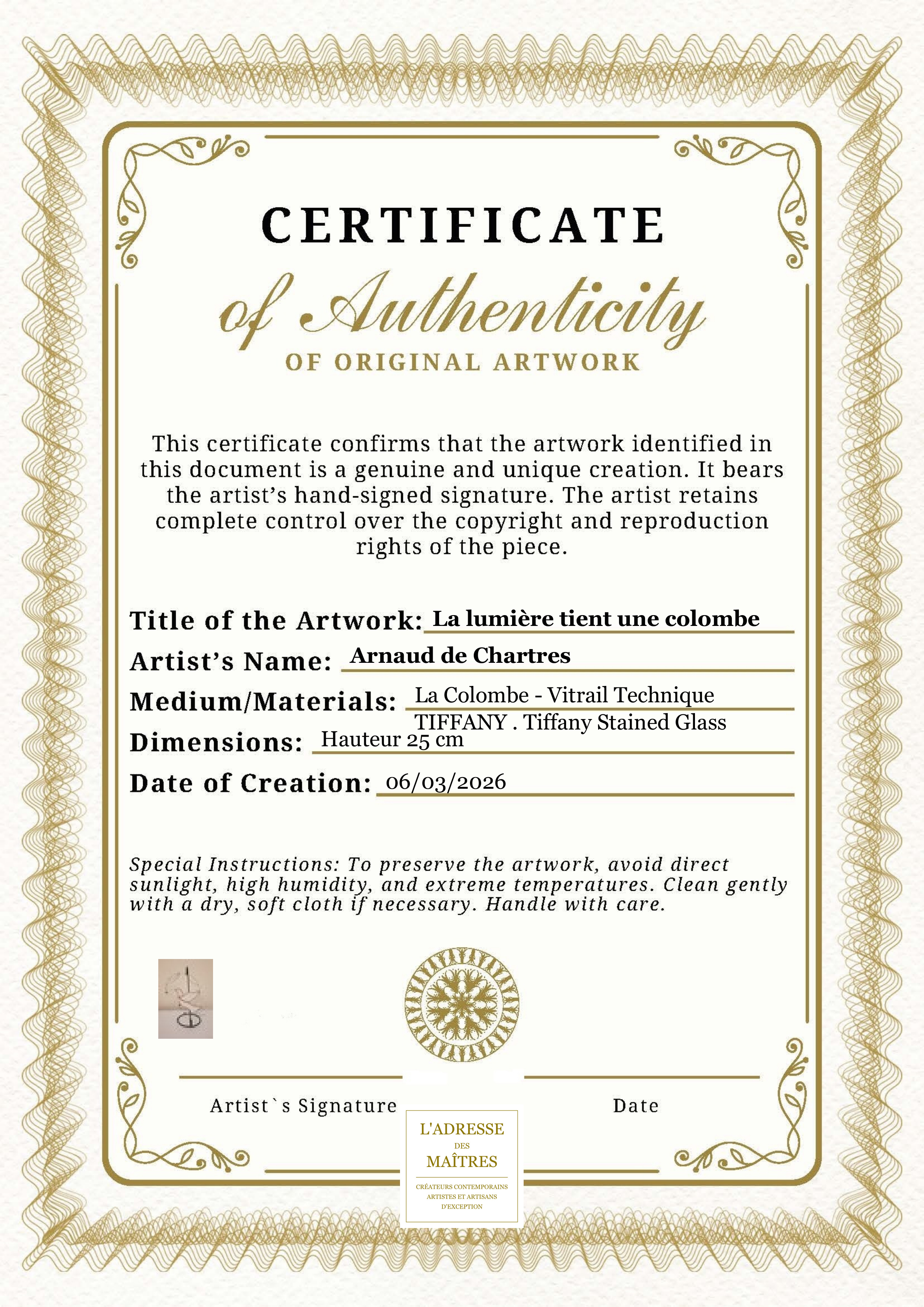 Certificat d'authenticité — La lumière tient une colombe — Arnaud de Chartres