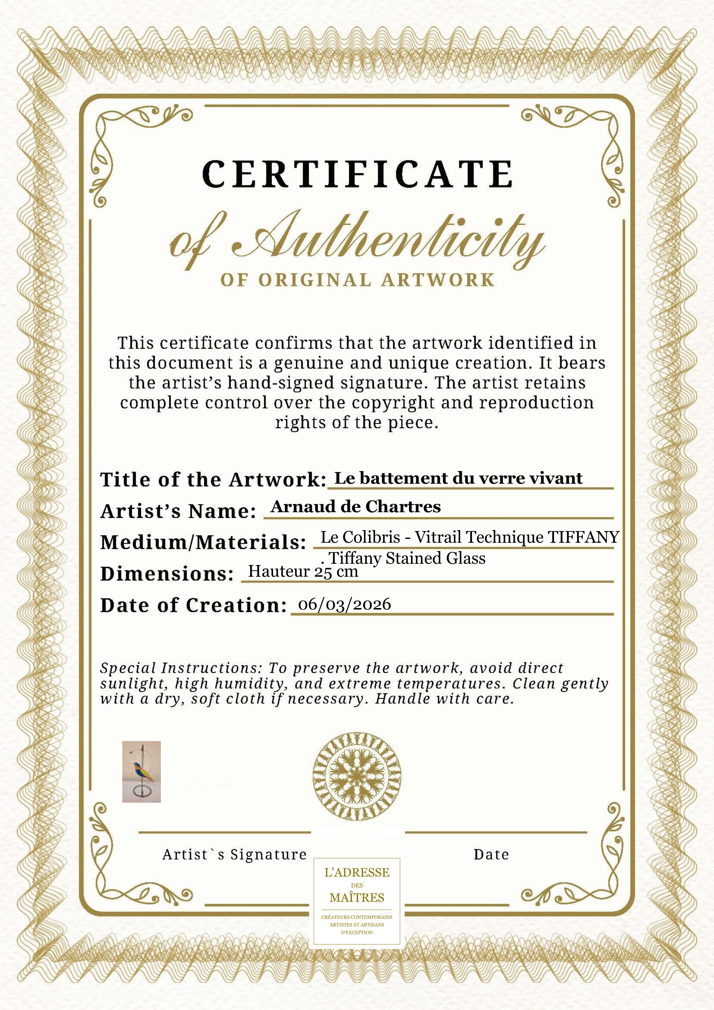 Certificat d'authenticité — Le battement du verre vivant — Arnaud de Chartres