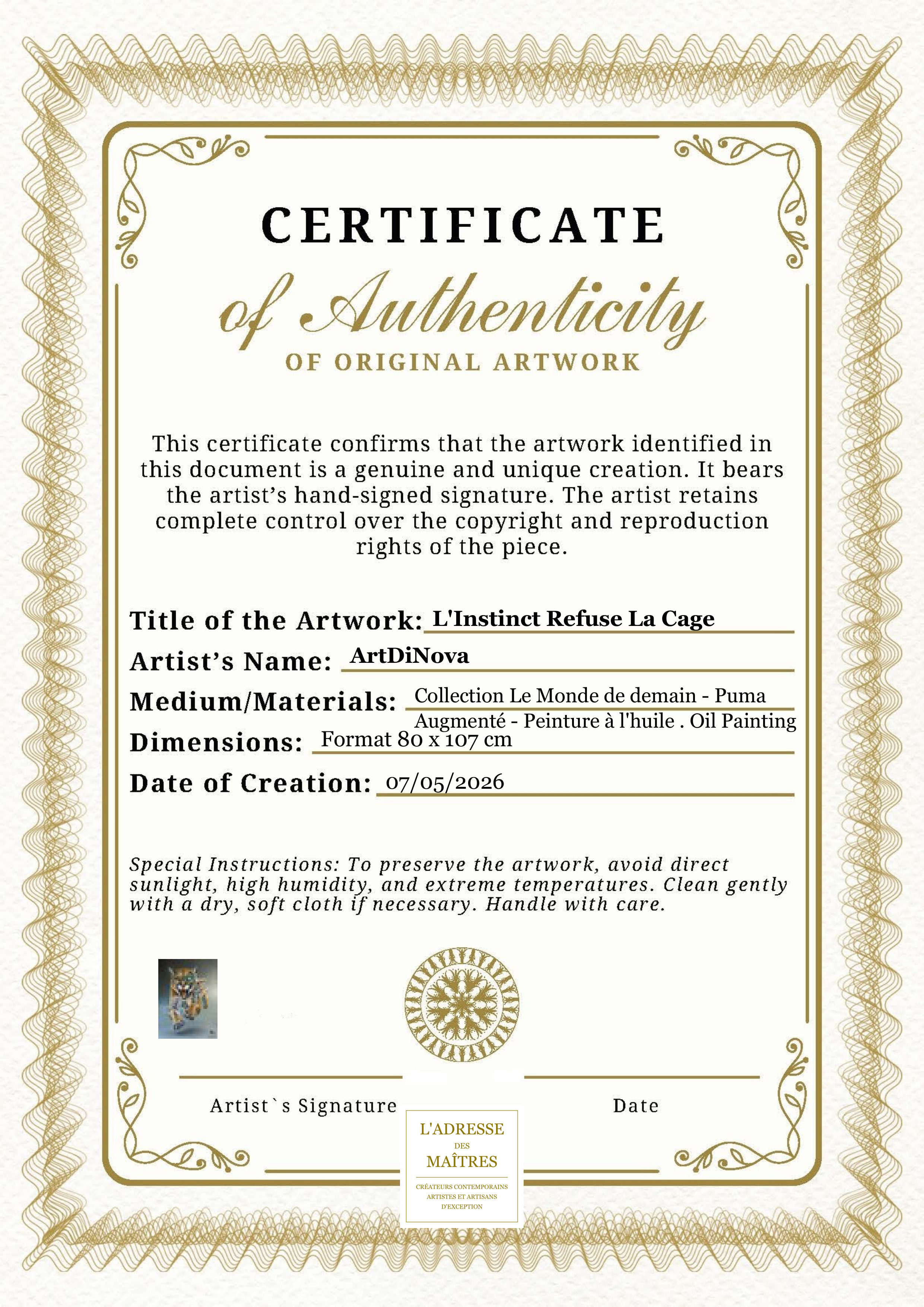 Certificat d'authenticité — L'Instinct Refuse La Cage — ArtDiNova