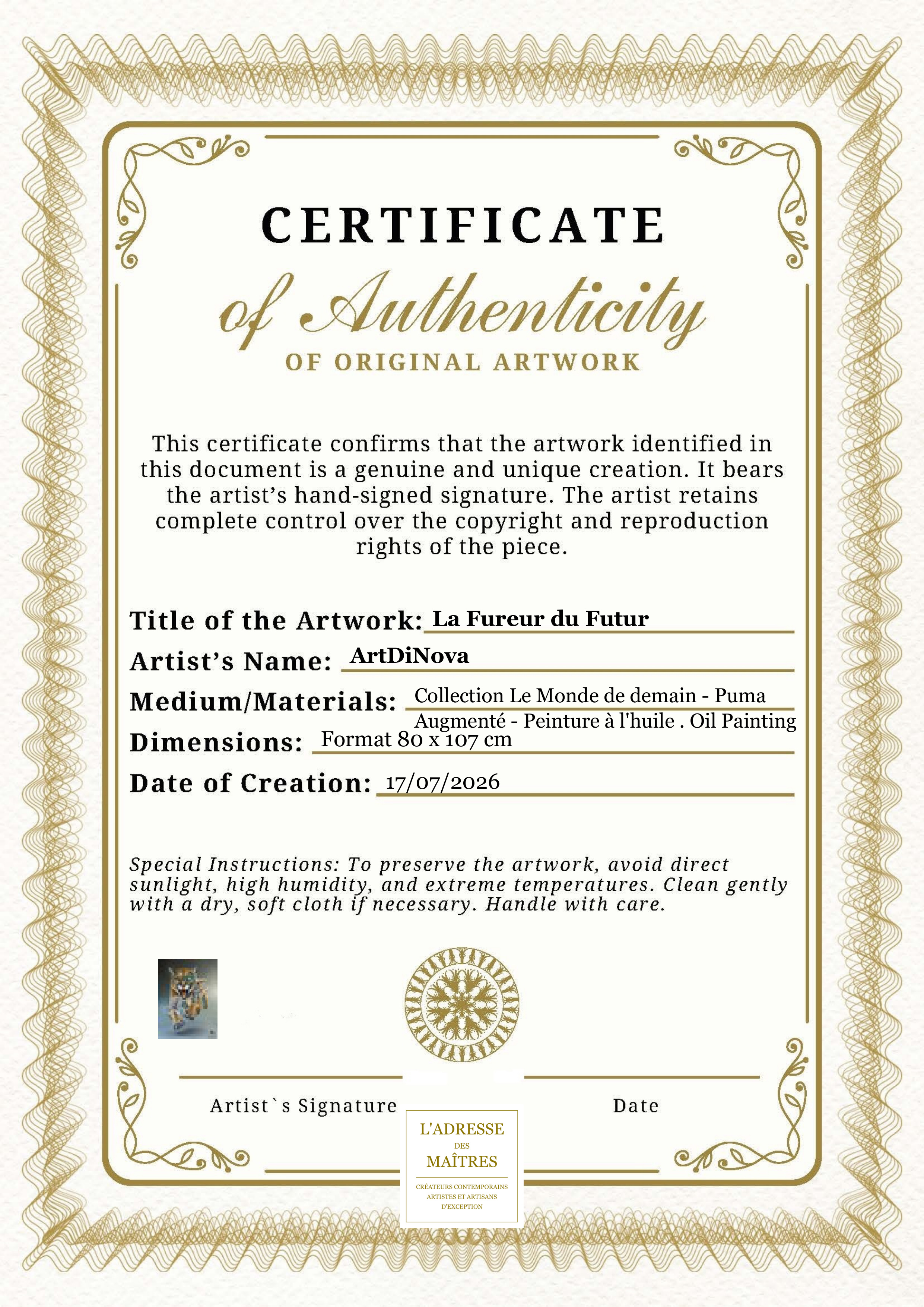Certificat d'authenticité — La Fureur du Futur — ArtDiNova