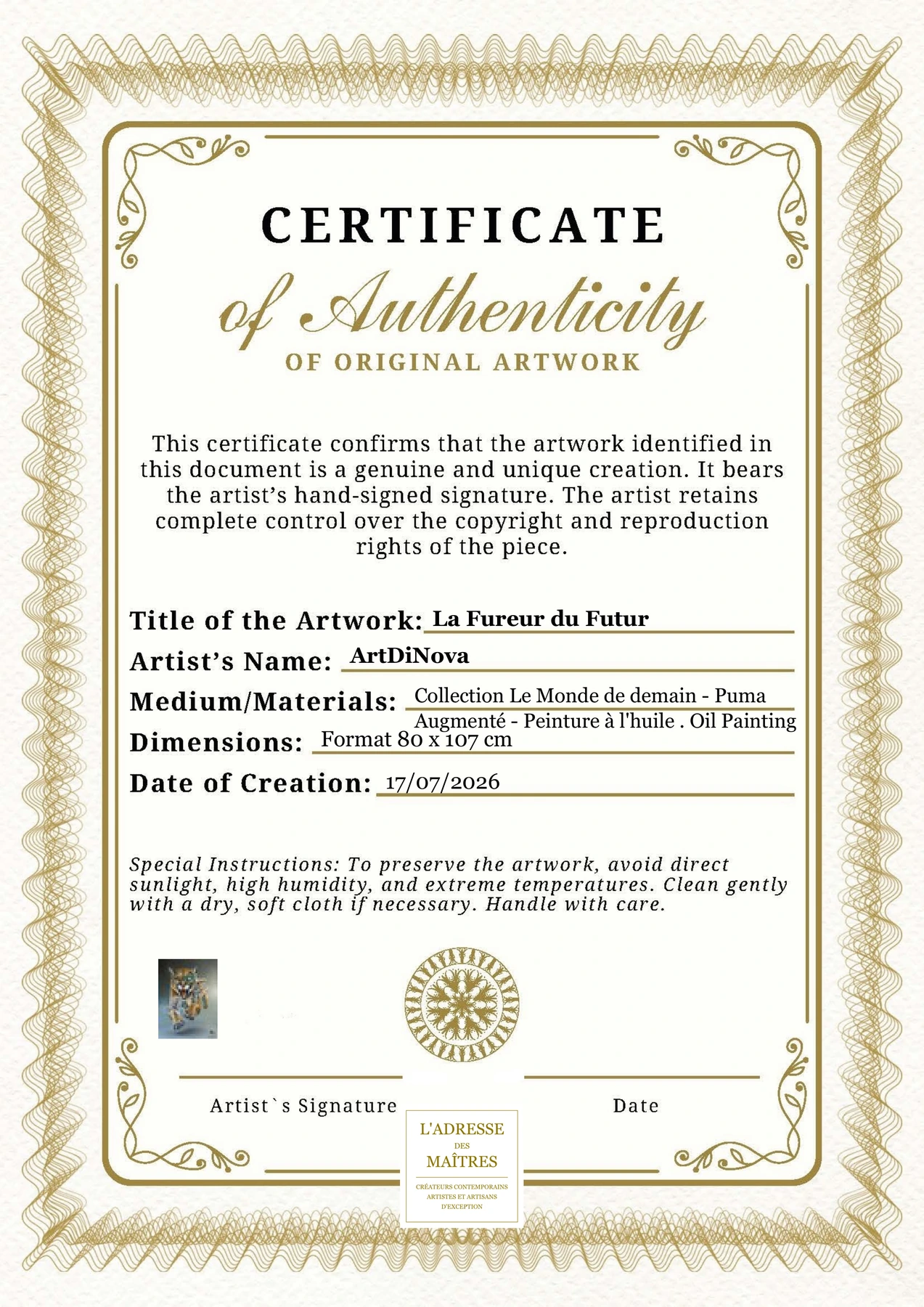 Certificat d'authenticité - La Fureur du Futur - ArtDiNova