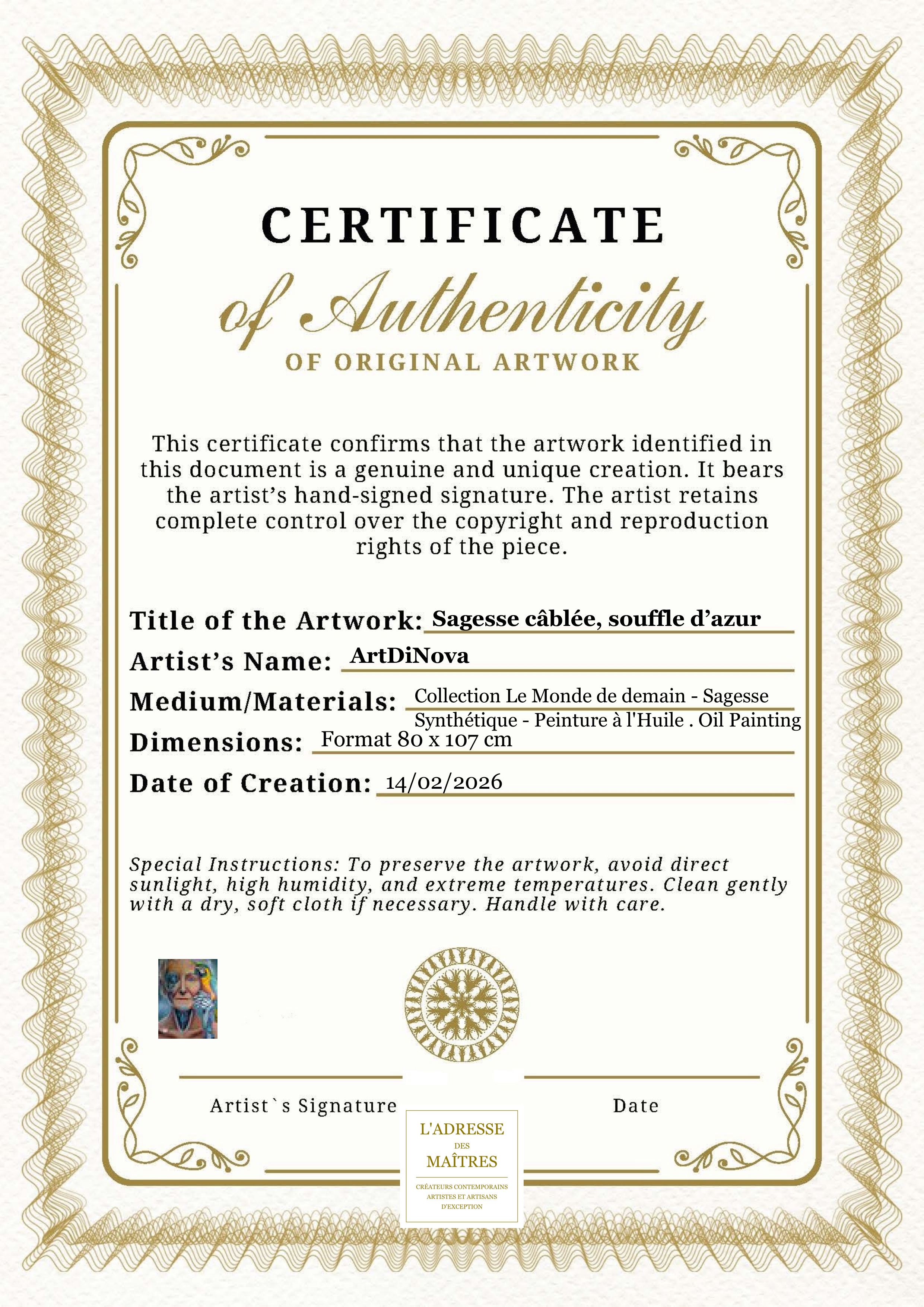 Certificat d'authenticité — Sagesse câblée, souffle d’azur — ArtDiNova