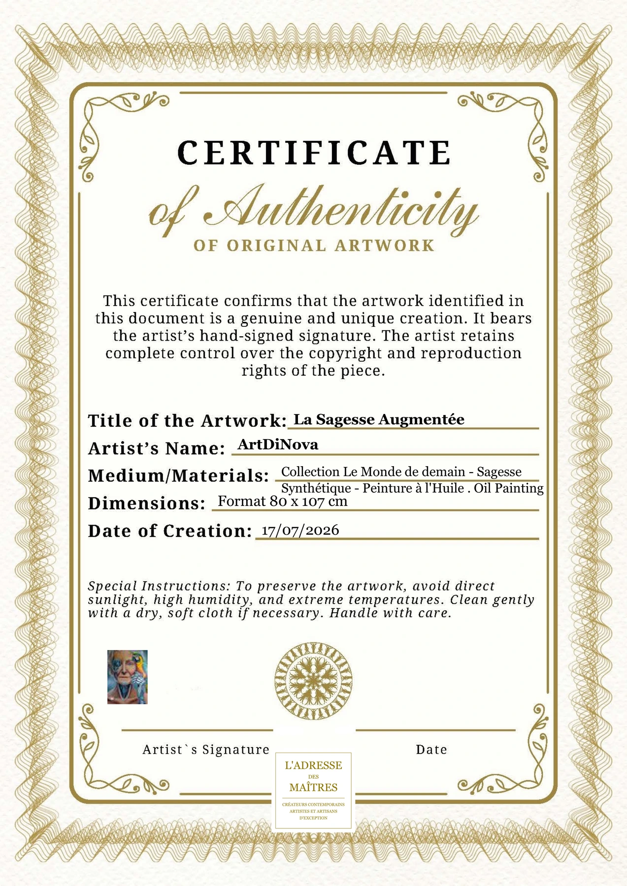 Certificat d'authenticité - La Sagesse Augmentée - ArtDiNova