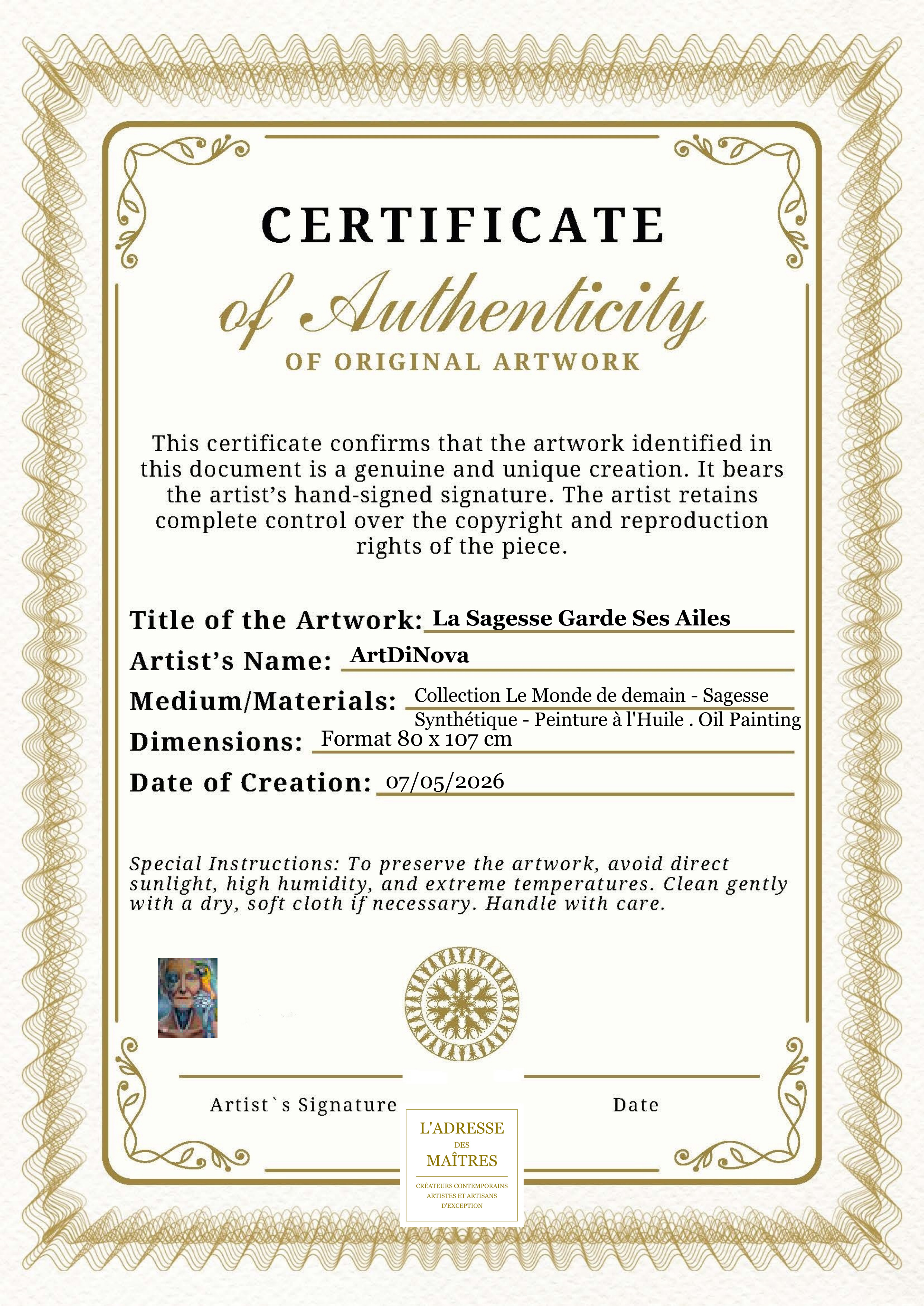 Certificat d'authenticité — La Sagesse Garde Ses Ailes — ArtDiNova