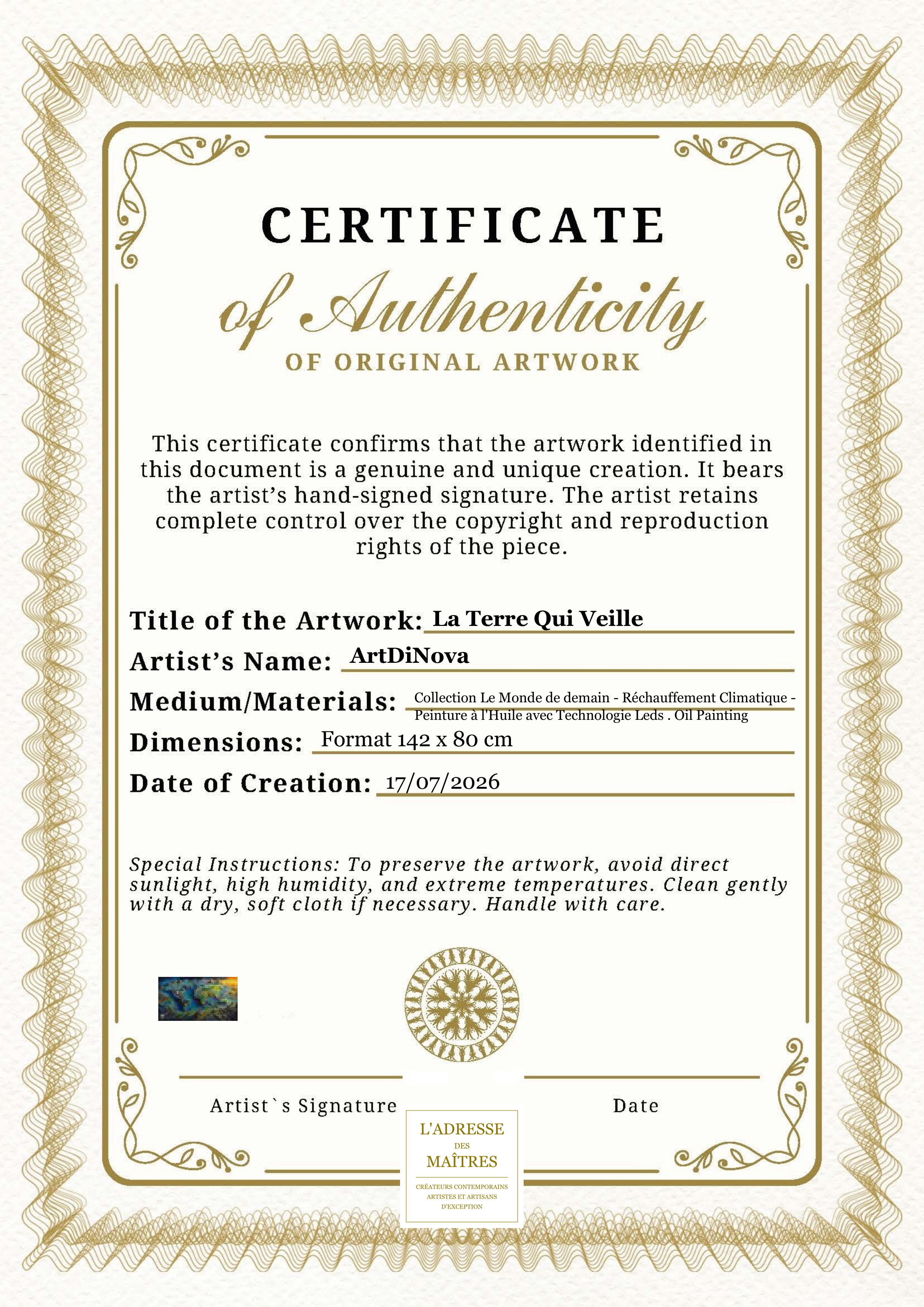 Certificat d'authenticité — La Terre Qui Veille — ArtDiNova