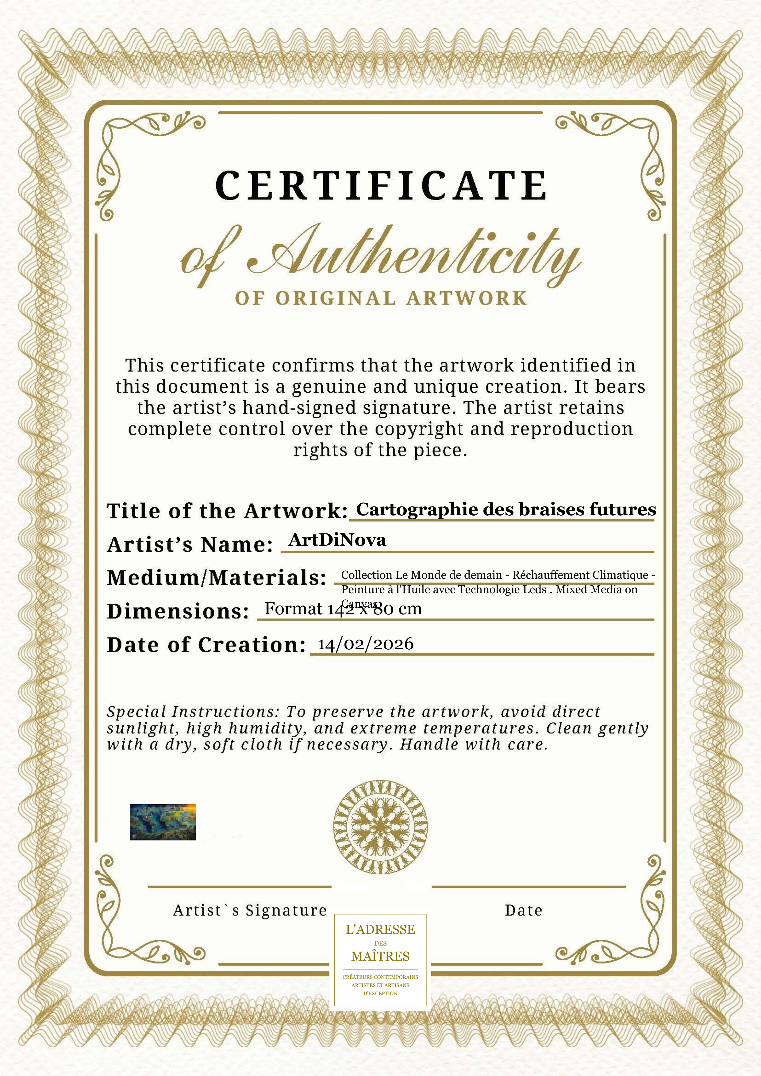 Certificat d'authenticité — Cartographie des braises futures — ArtDiNova