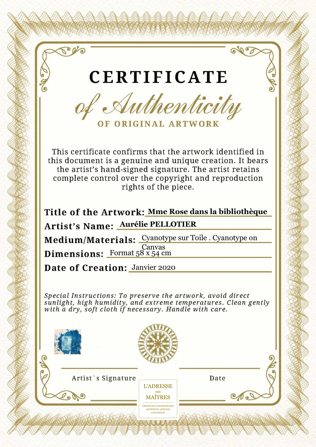 Certificat d'authenticité - Mme Rose dans la bibliothèque - Aurélie PELLOTIER