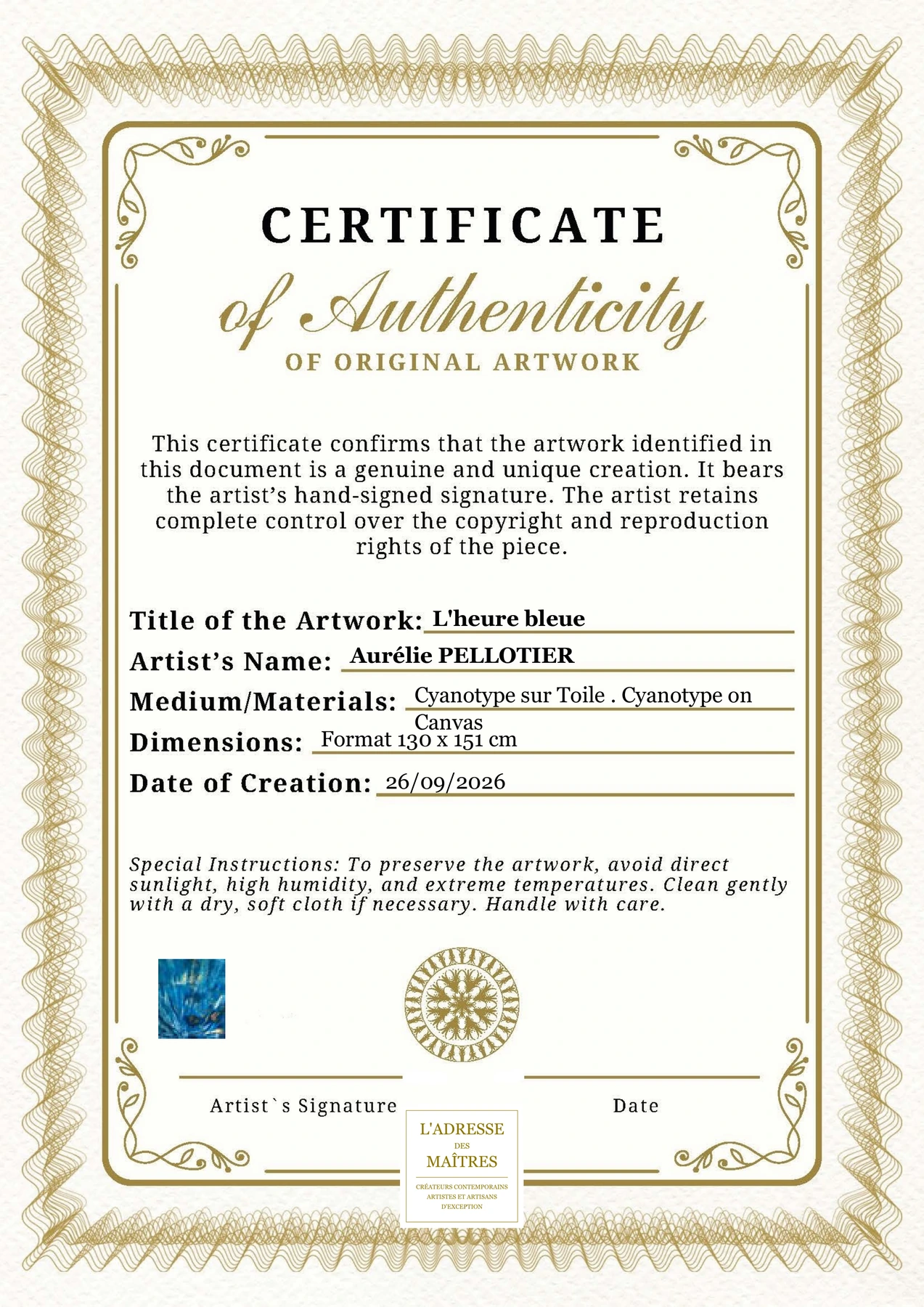 Certificat d'authenticité - L'heure bleue - Aurélie PELLOTIER