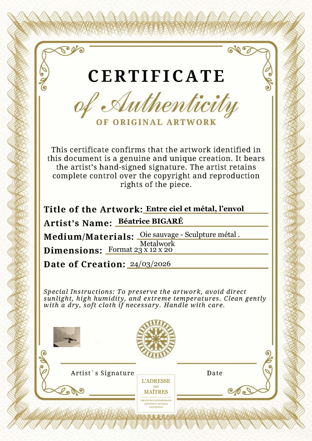 Certificat d'authenticité - Entre ciel et métal, l’envol - Béatrice BIGARÉ