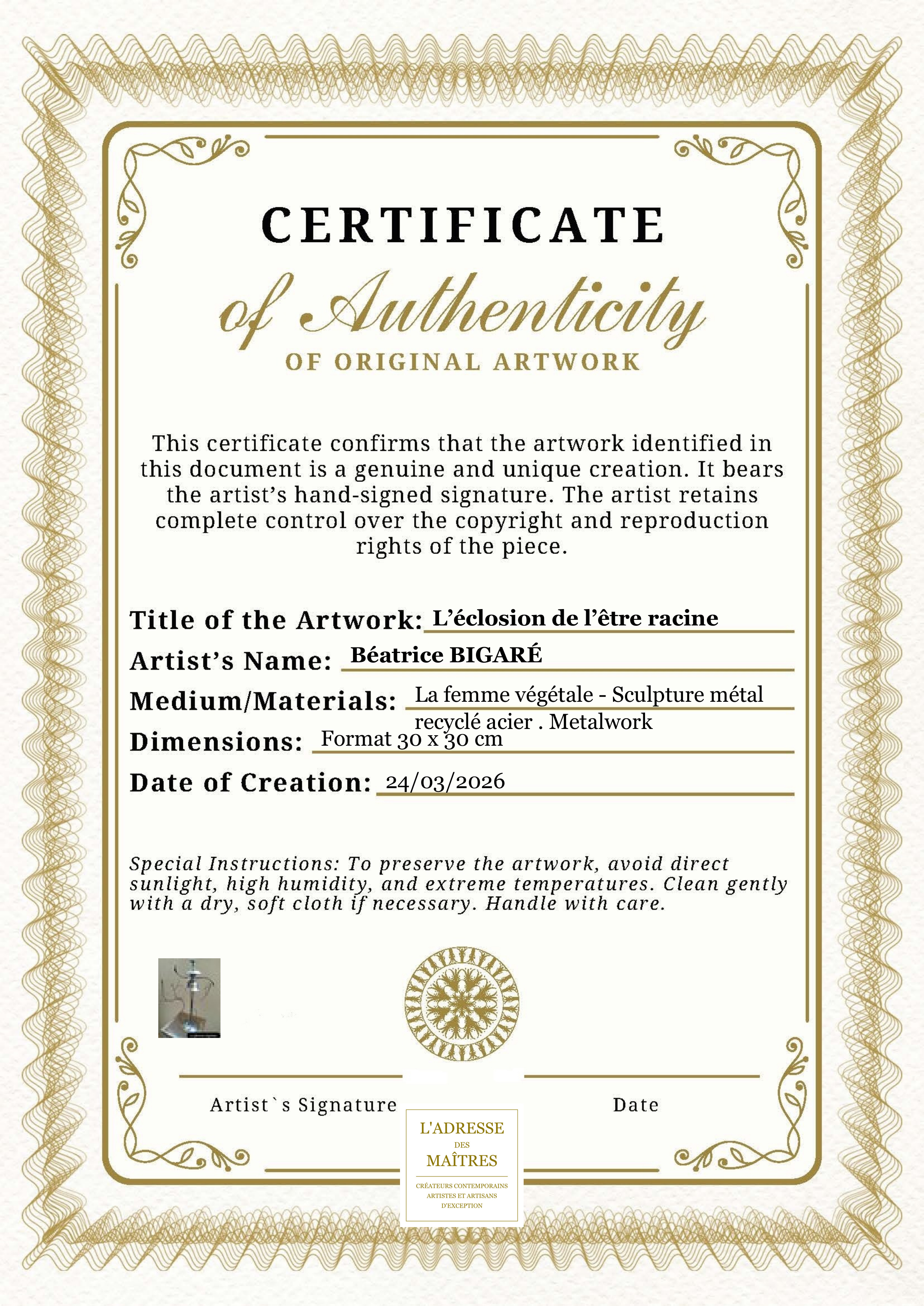 Certificat d'authenticité — L’éclosion de l’être racine — Béatrice BIGARÉ