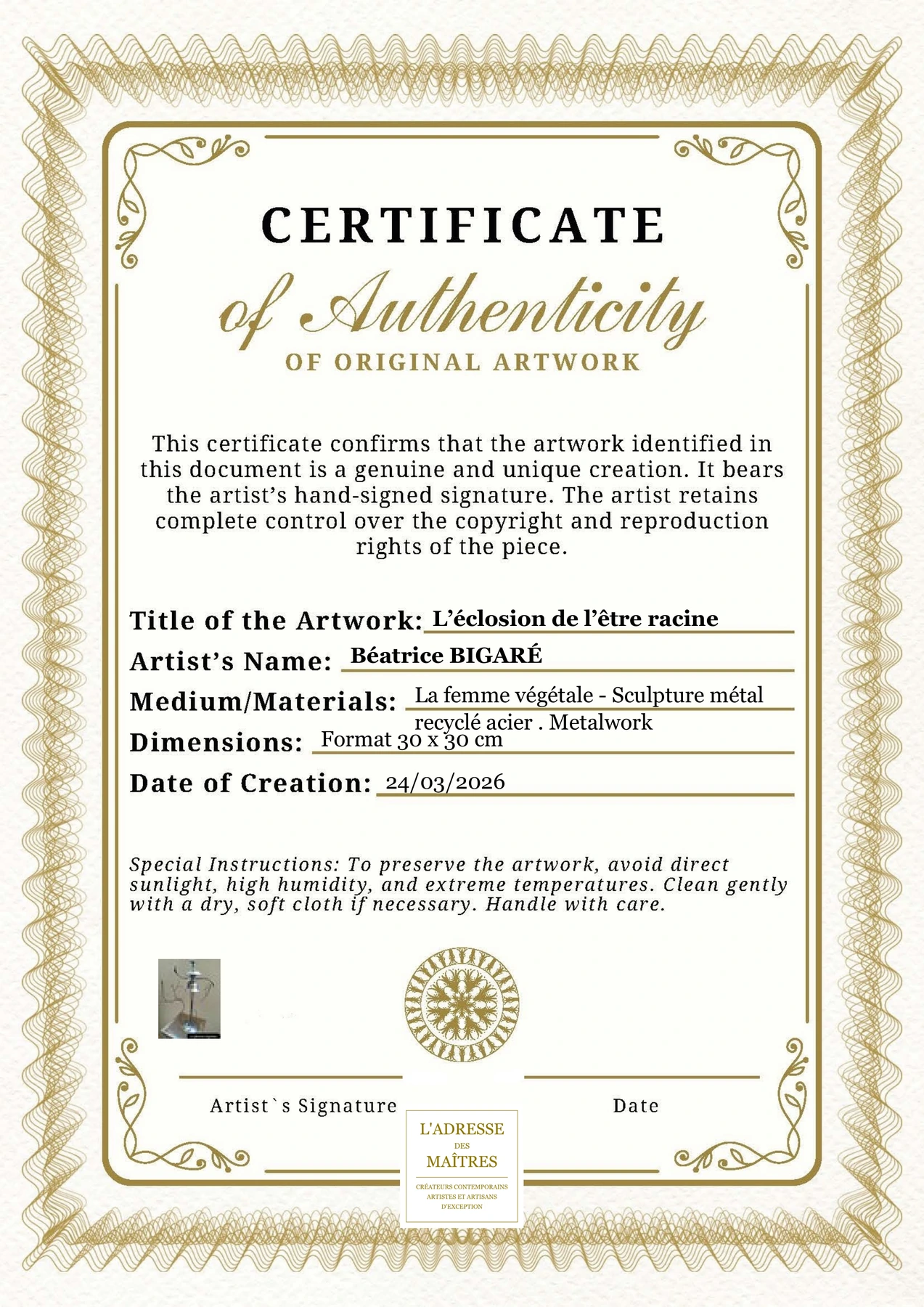 Certificat d'authenticité - L’éclosion de l’être racine - Béatrice BIGARÉ