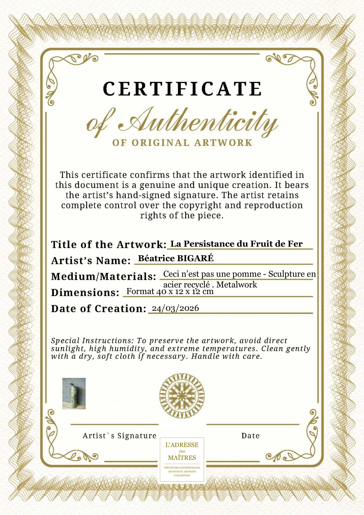Certificat d'authenticité - La Persistance du Fruit de Fer - Béatrice BIGARÉ