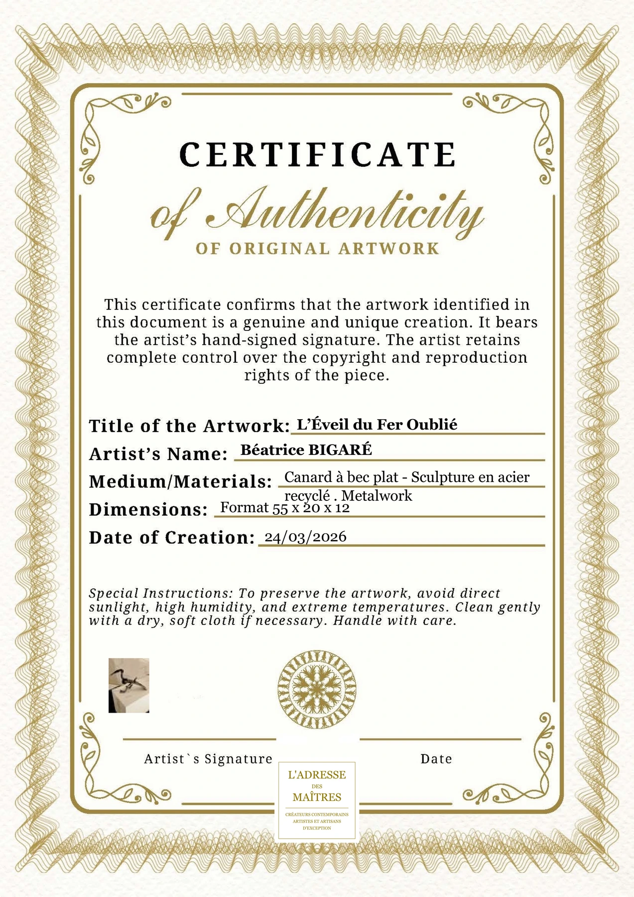 Certificat d'authenticité - L’Éveil du Fer Oublié - Béatrice BIGARÉ