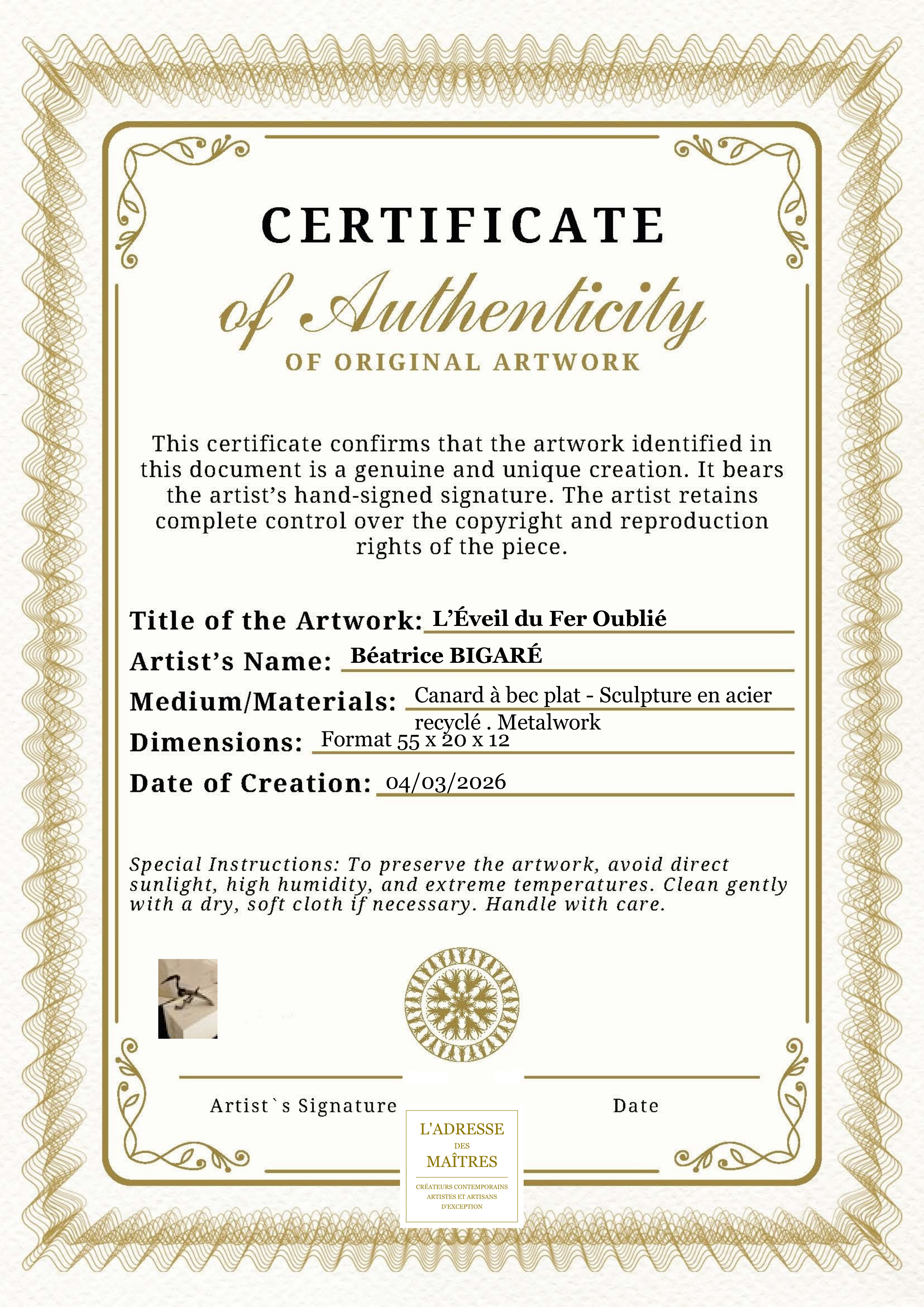 Certificat d'authenticité — L’Éveil du Fer Oublié — Béatrice BIGARÉ