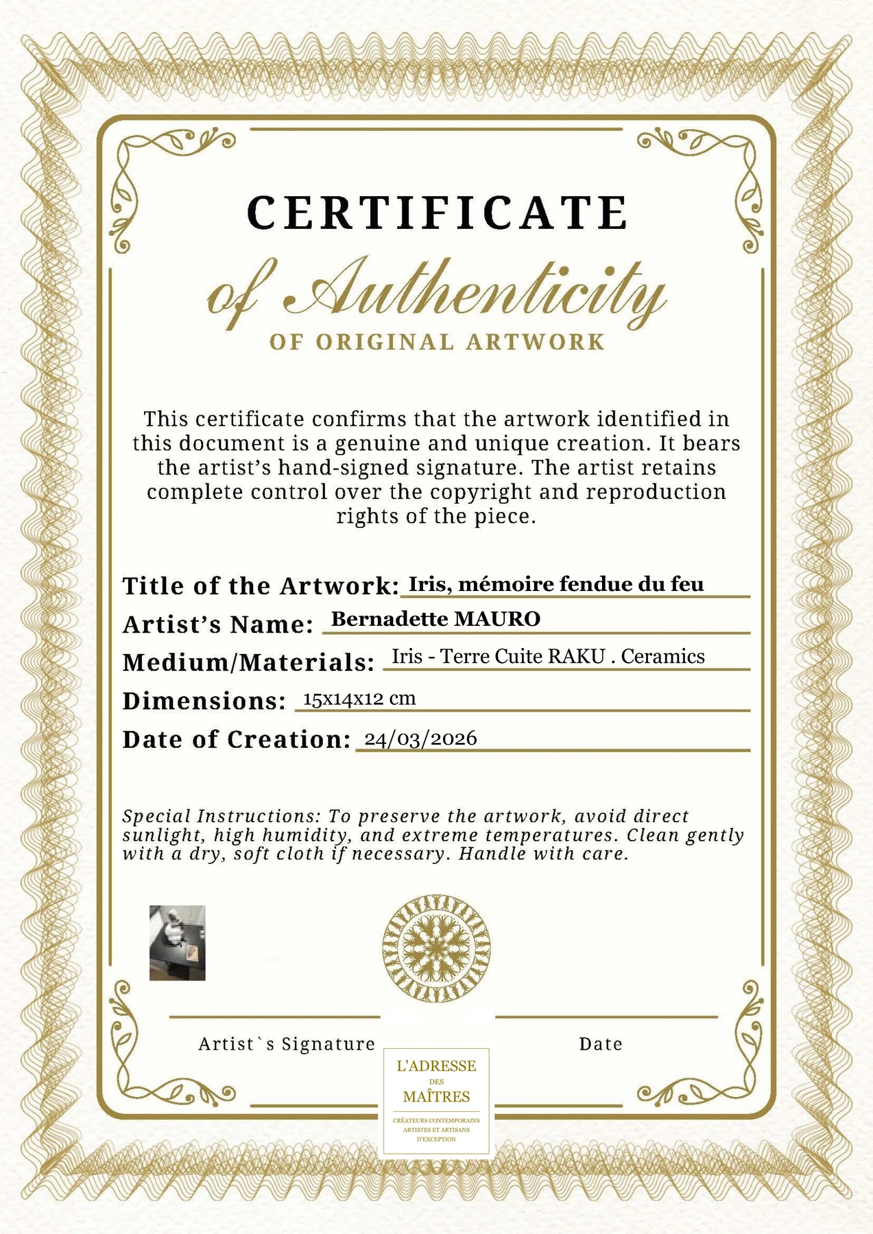 Certificat d'authenticité - Iris, mémoire fendue du feu - Bernadette MAURO