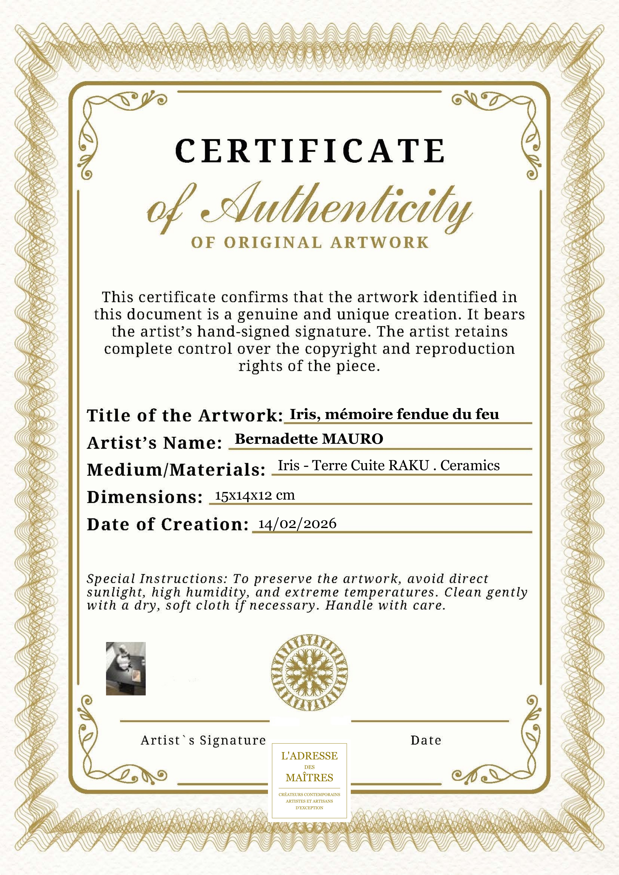 Certificat d'authenticité — Iris, mémoire fendue du feu — Bernadette MAURO