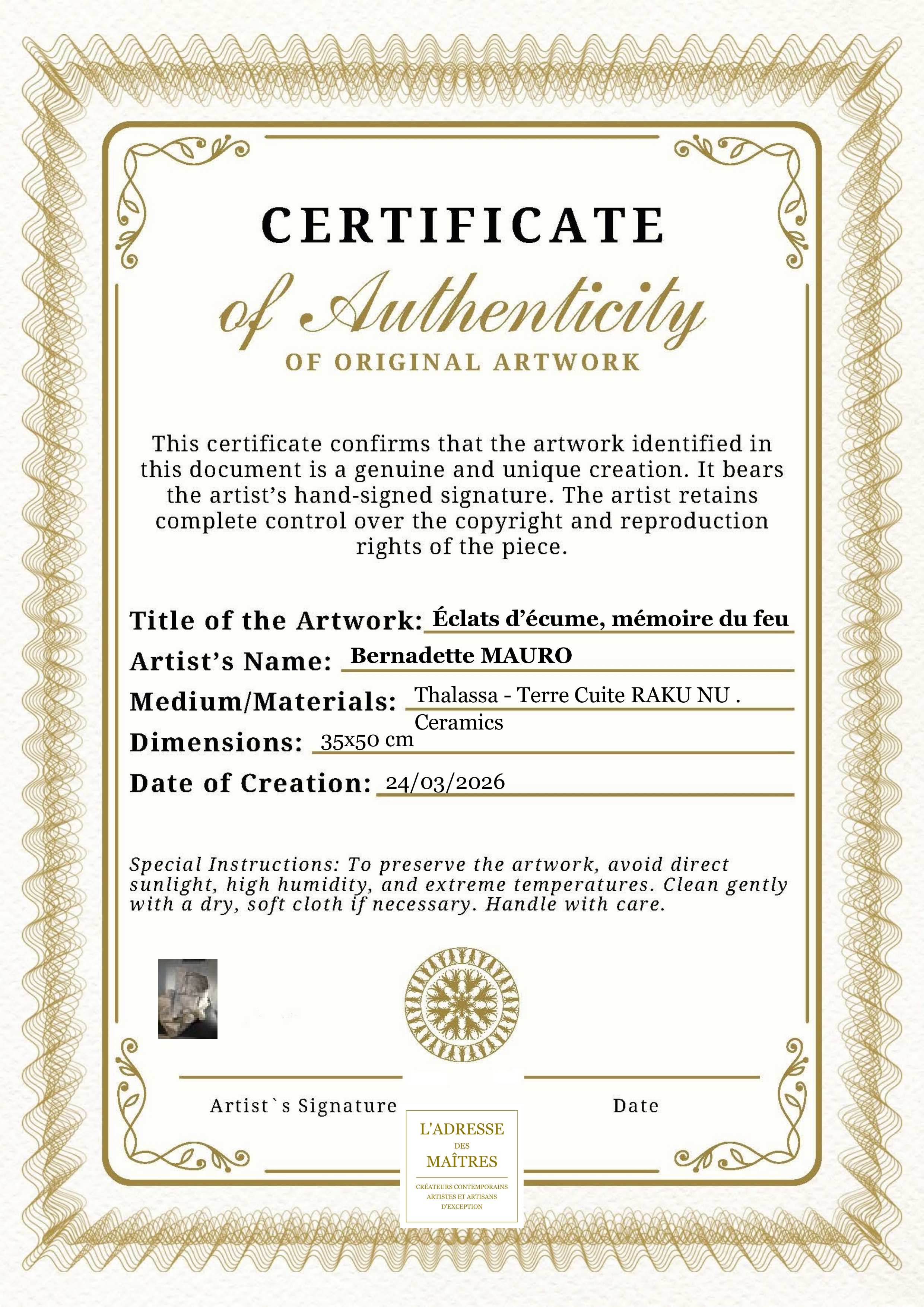 Certificat d'authenticité — Éclats d’écume, mémoire du feu — Bernadette MAURO