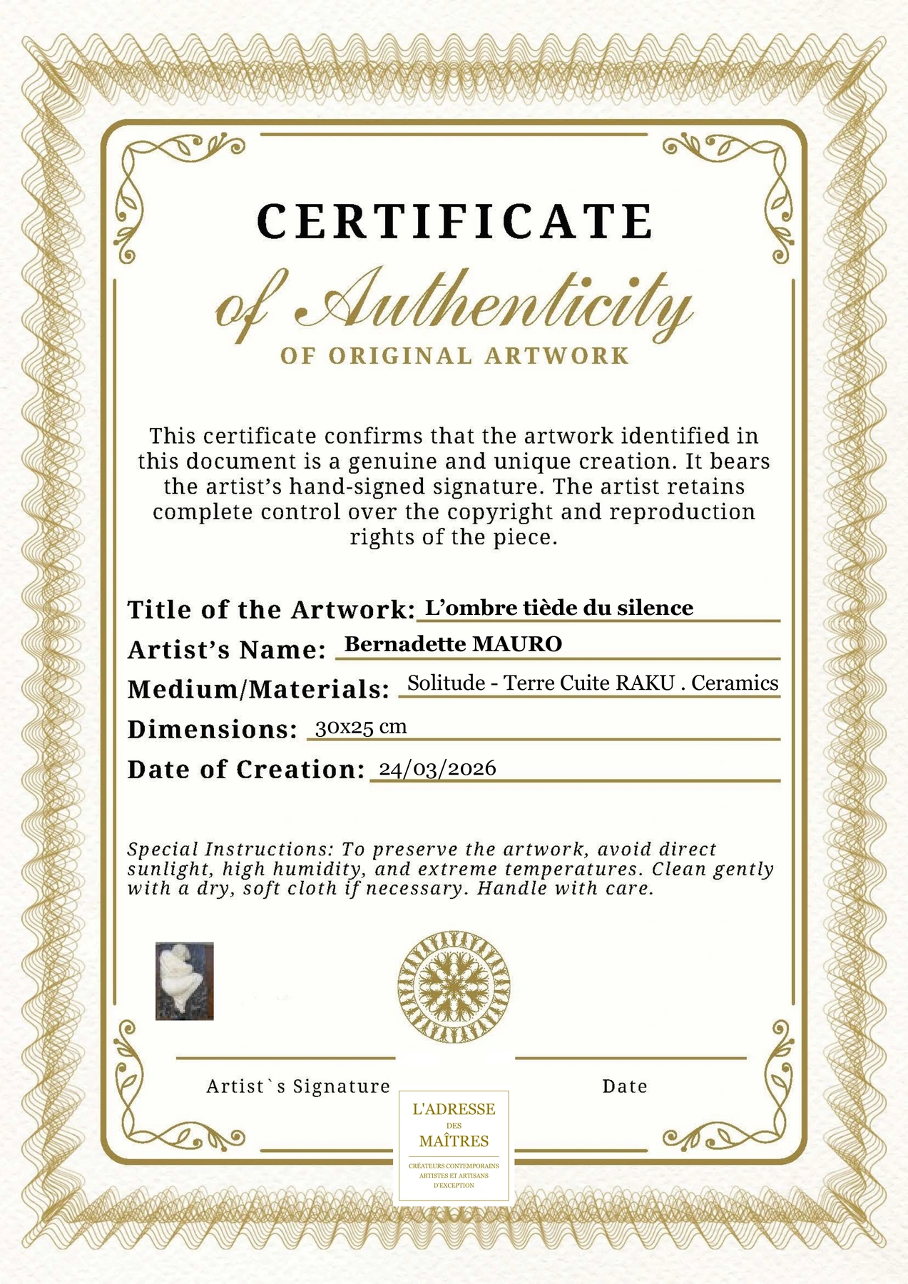 Certificat d'authenticité - L’ombre tiède du silence - Bernadette MAURO