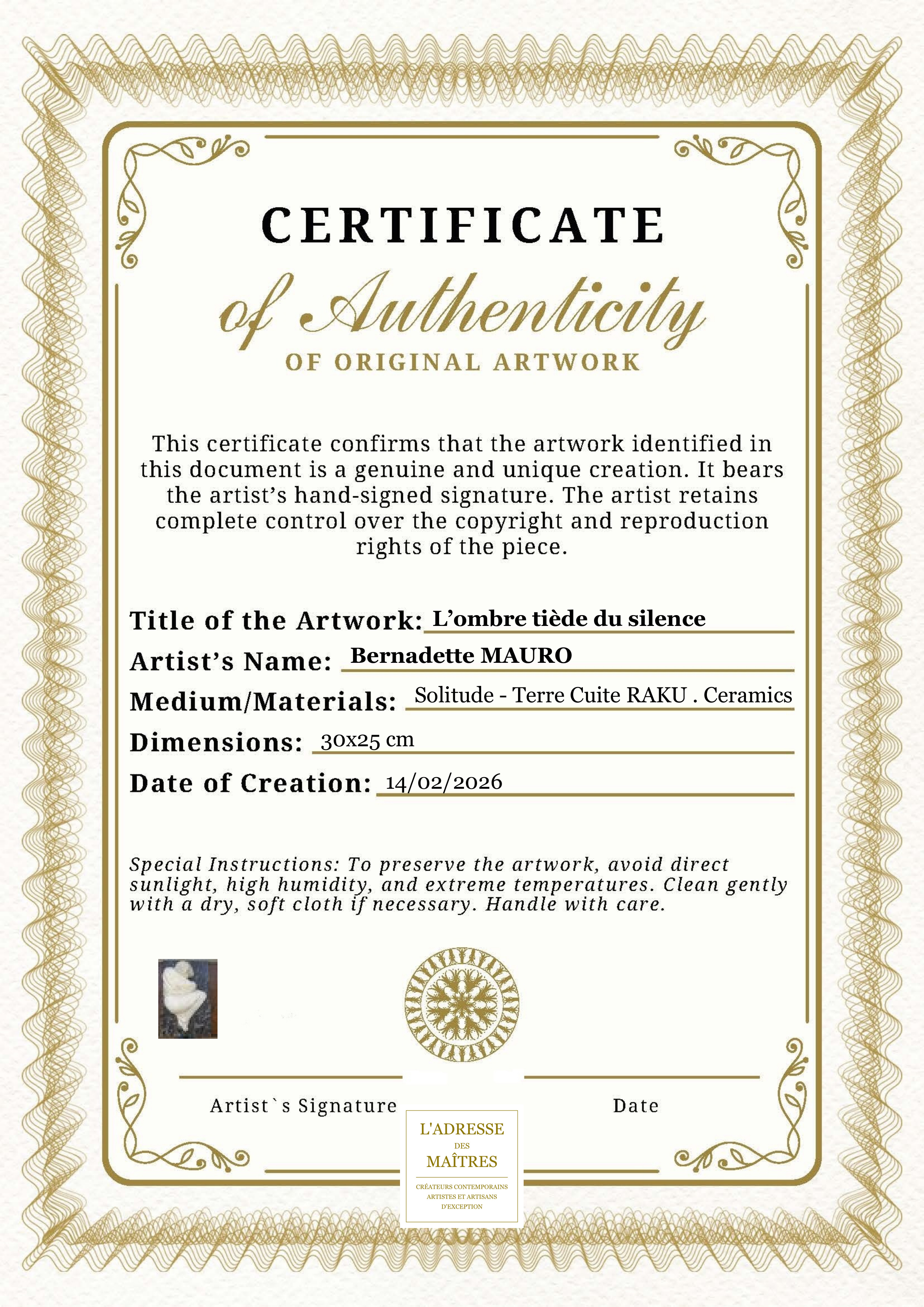 Certificat d'authenticité — L’ombre tiède du silence — Bernadette MAURO