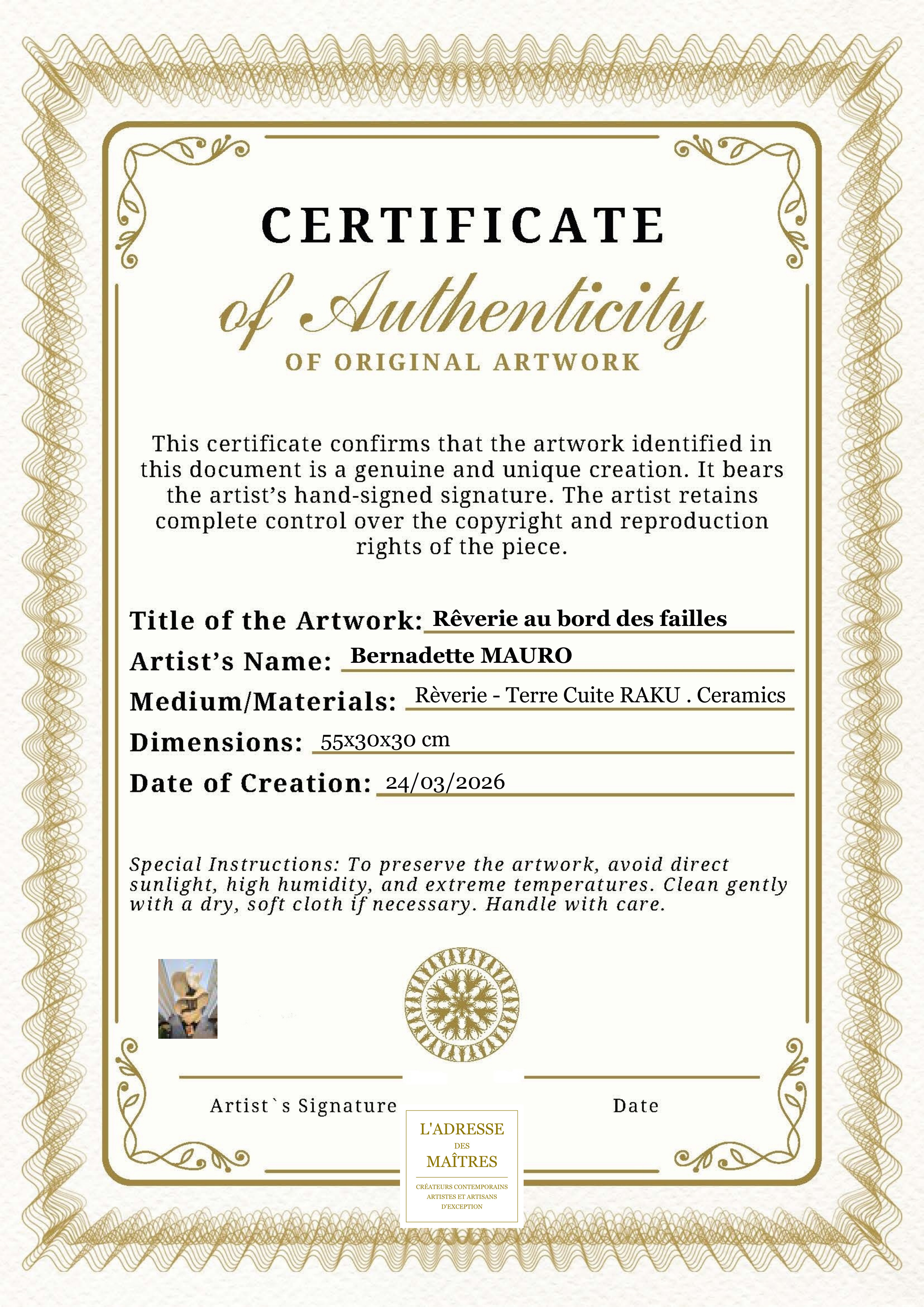 Certificat d'authenticité — Rêverie au bord des failles — Bernadette MAURO